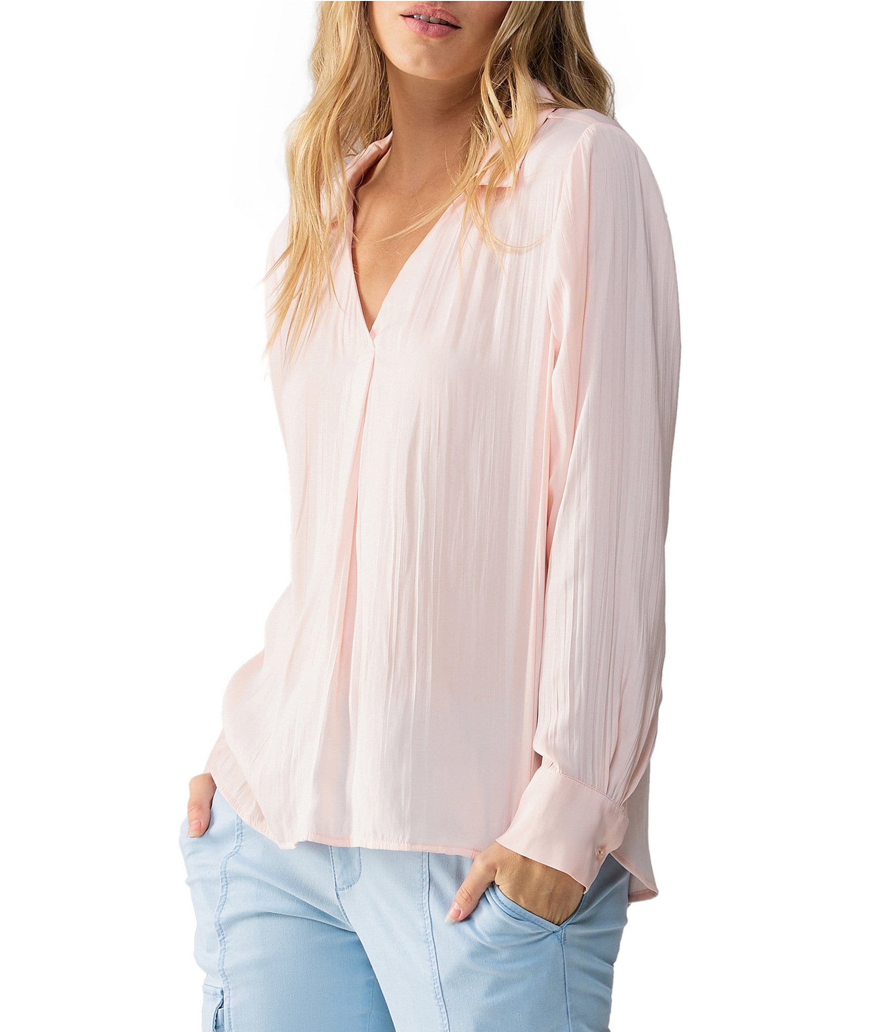 Sanctuary Crinkle Satin Point Collar V-Neck Long Sleeve Button Cuff Top ...
