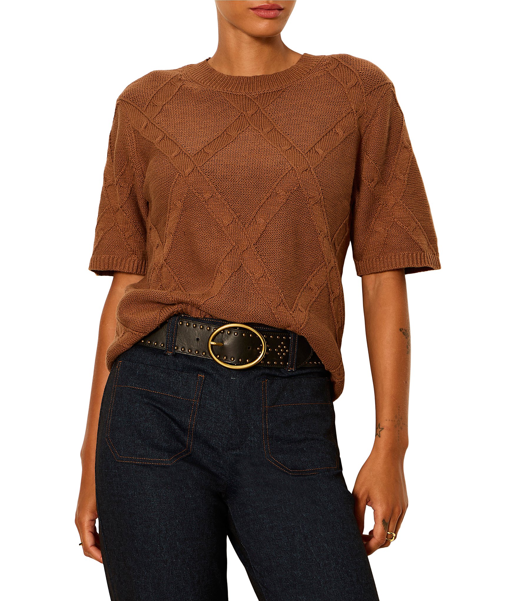 Sanctuary Diamond Stitch Round Neck Short Sleeve Sweater Tee