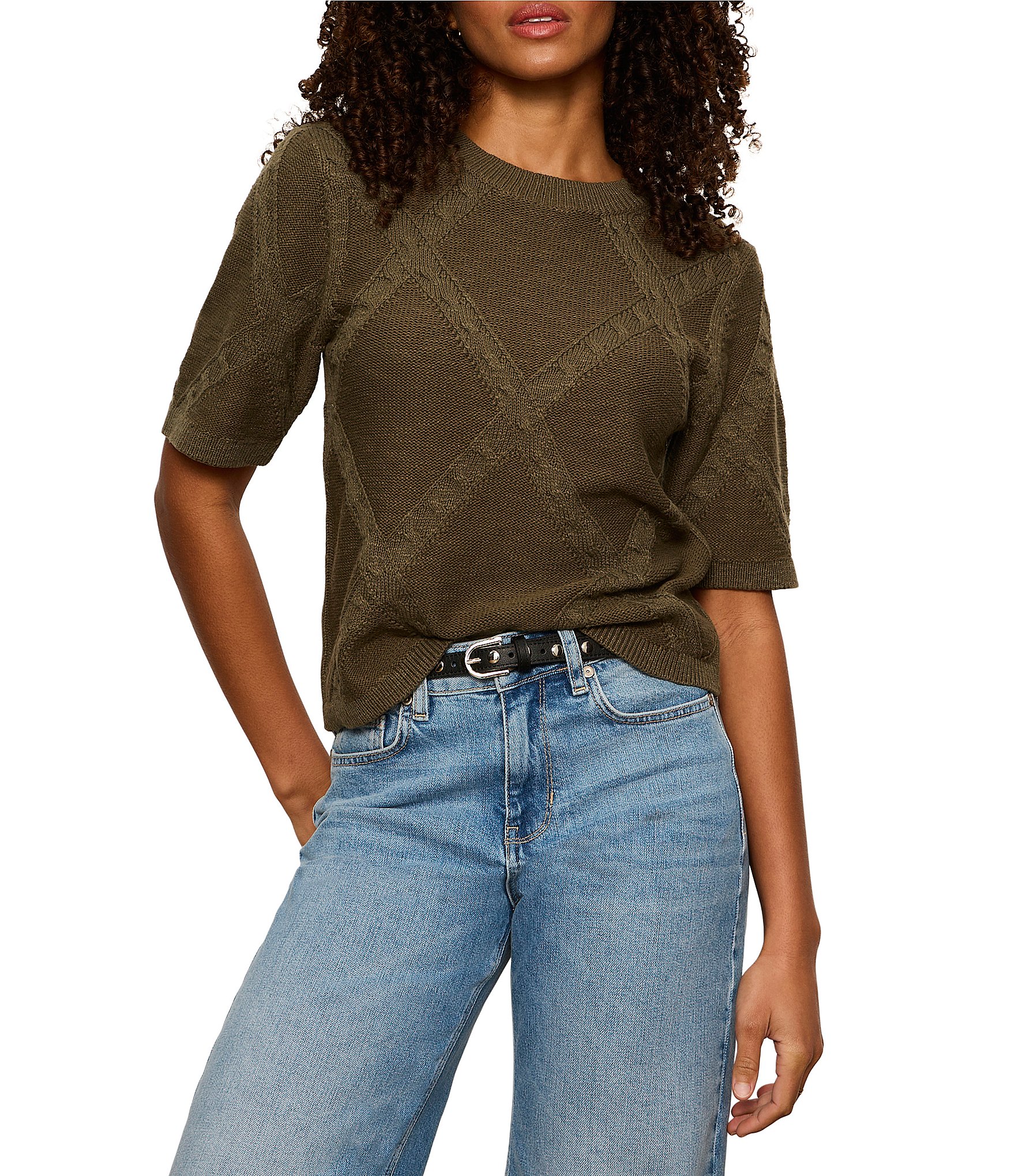 Sanctuary Diamond Stitch Round Neck Short Sleeve Sweater Tee