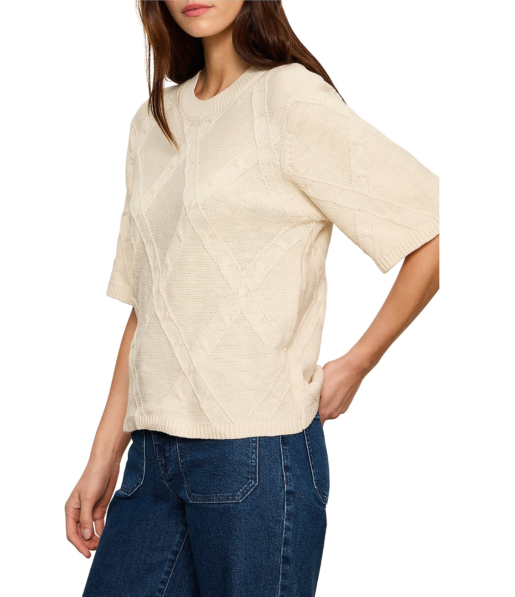 Sanctuary Diamond Stitch Round Neck Short Sleeve Sweater Tee