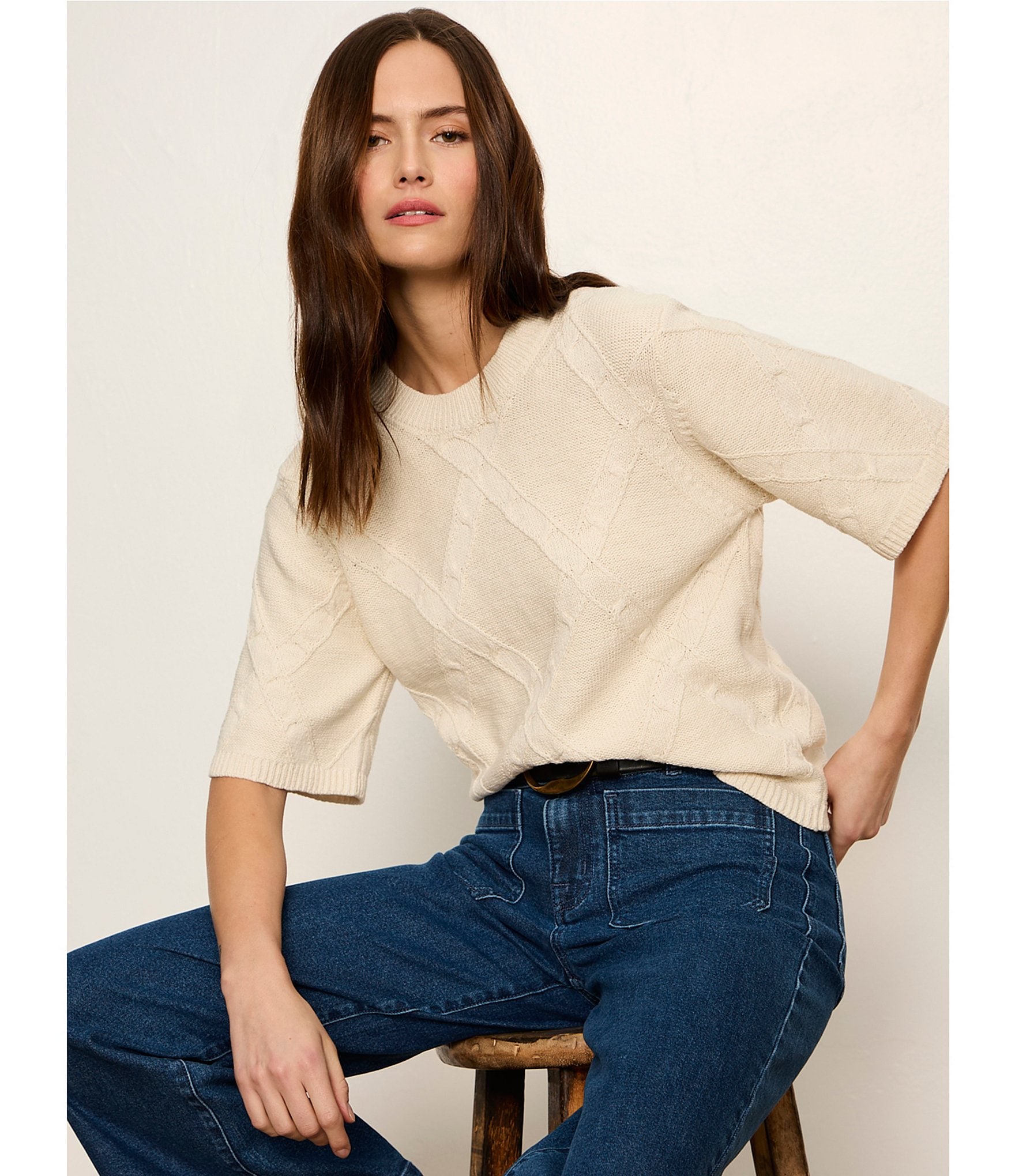 Sanctuary Diamond Stitch Round Neck Short Sleeve Sweater Tee