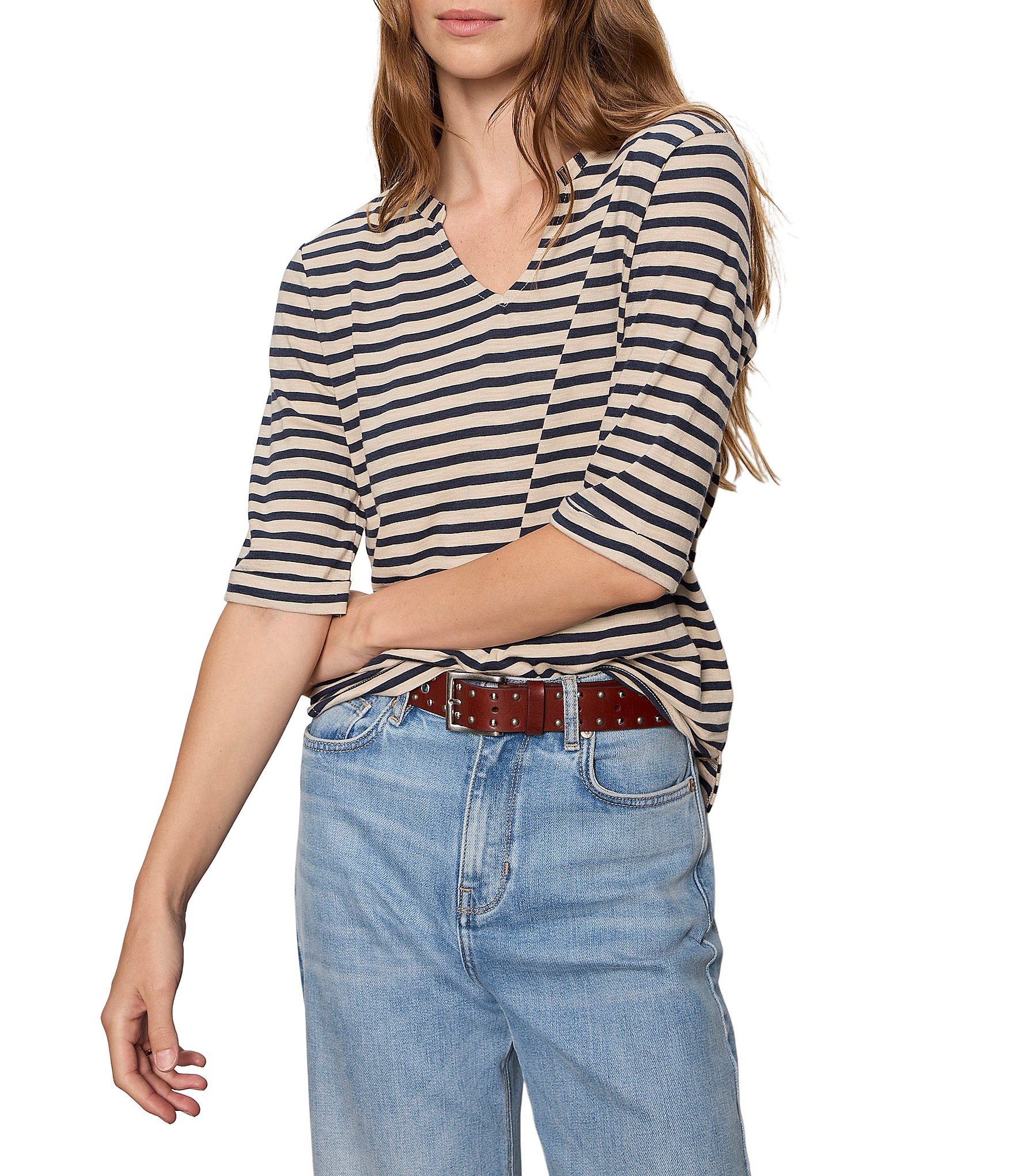 Sanctuary Dolce Striped Notch Neck 3/4 Sleeve Tee