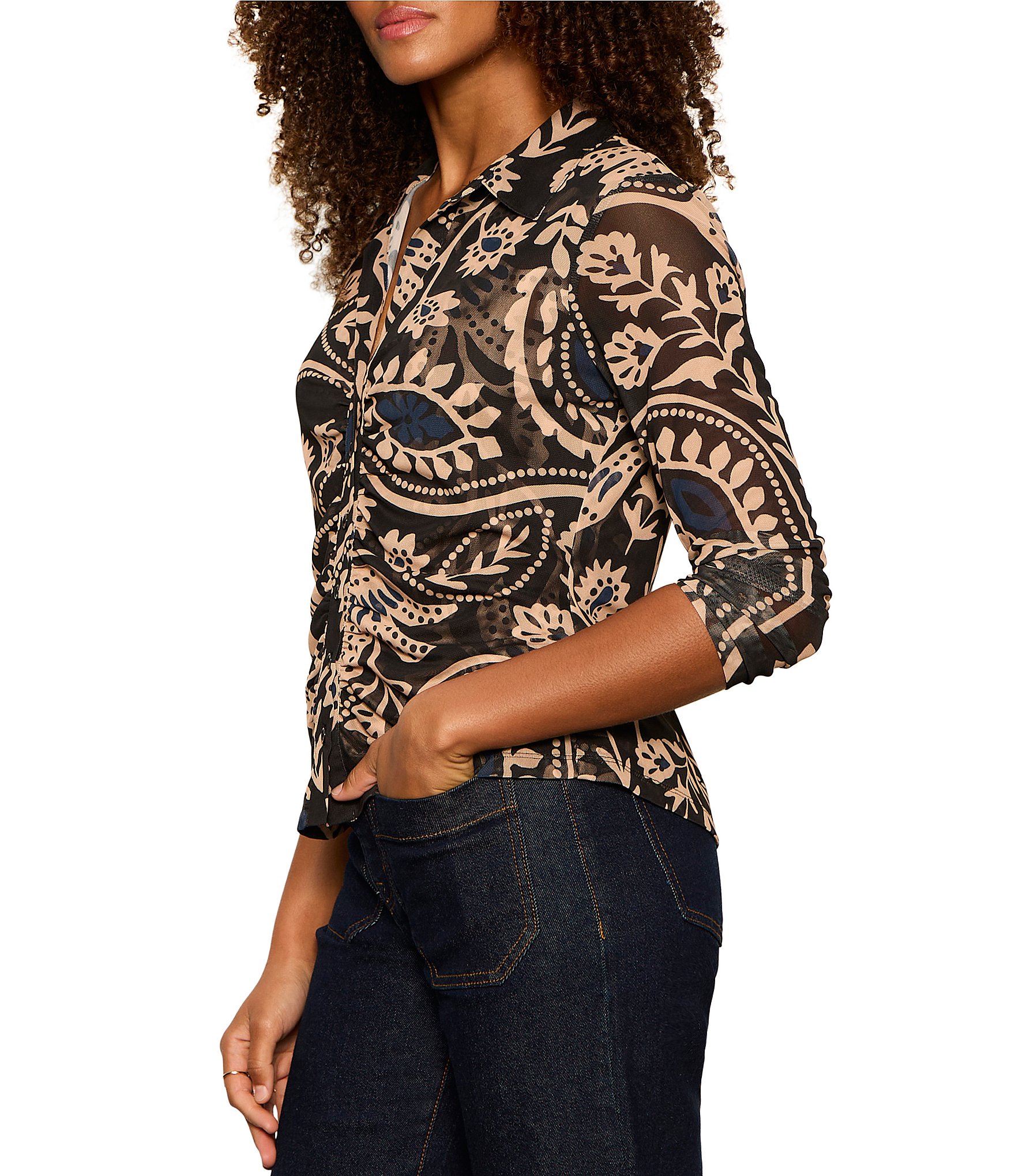 Sanctuary Dreamgirl Geometric Printed Mesh Point Collared Long Sleeve Ruched Button Front Top