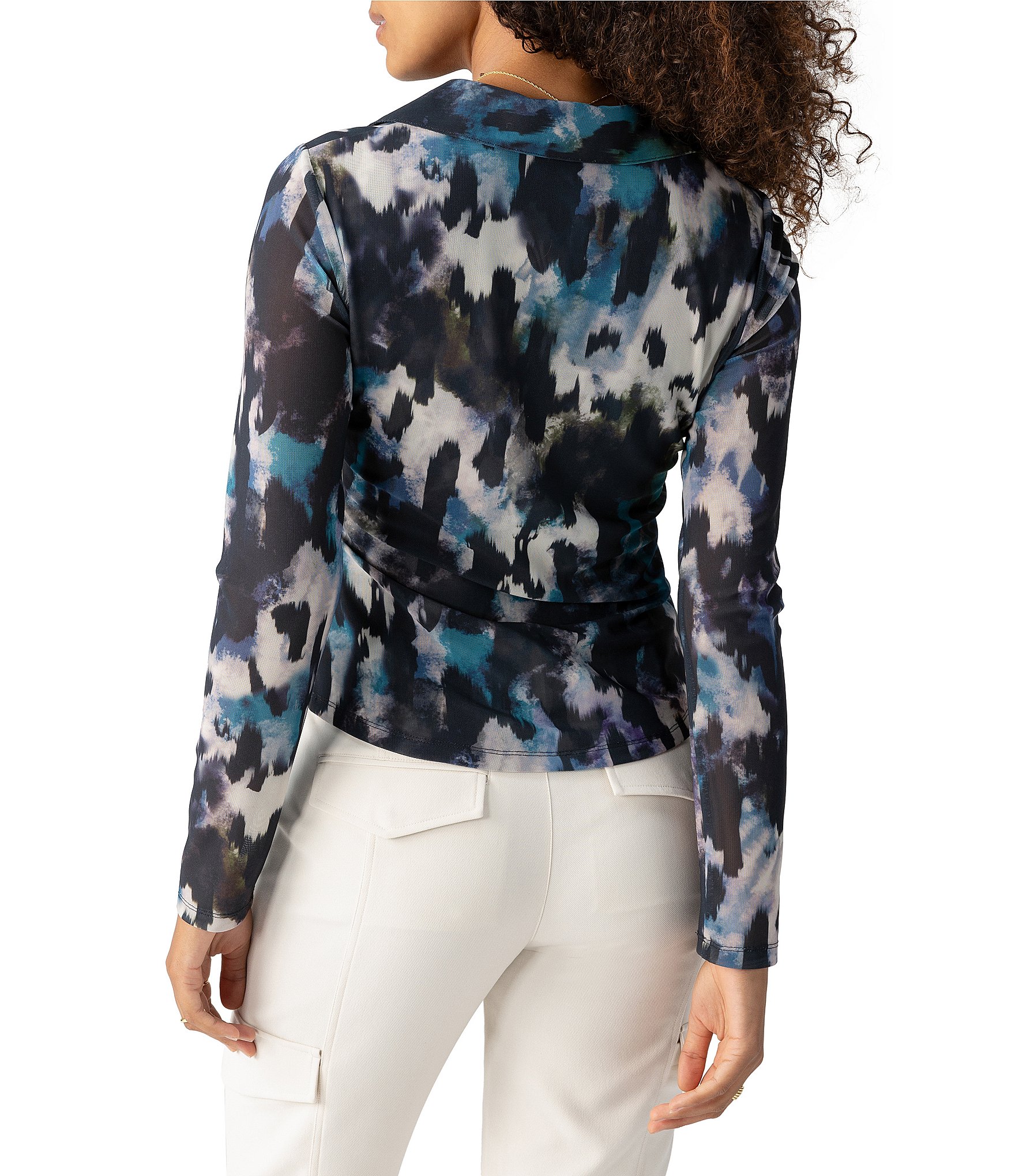 Sanctuary Dreamgirl Mesh Abstract Print Point Collar Neck Long Sleeve Ruched Button Front Top