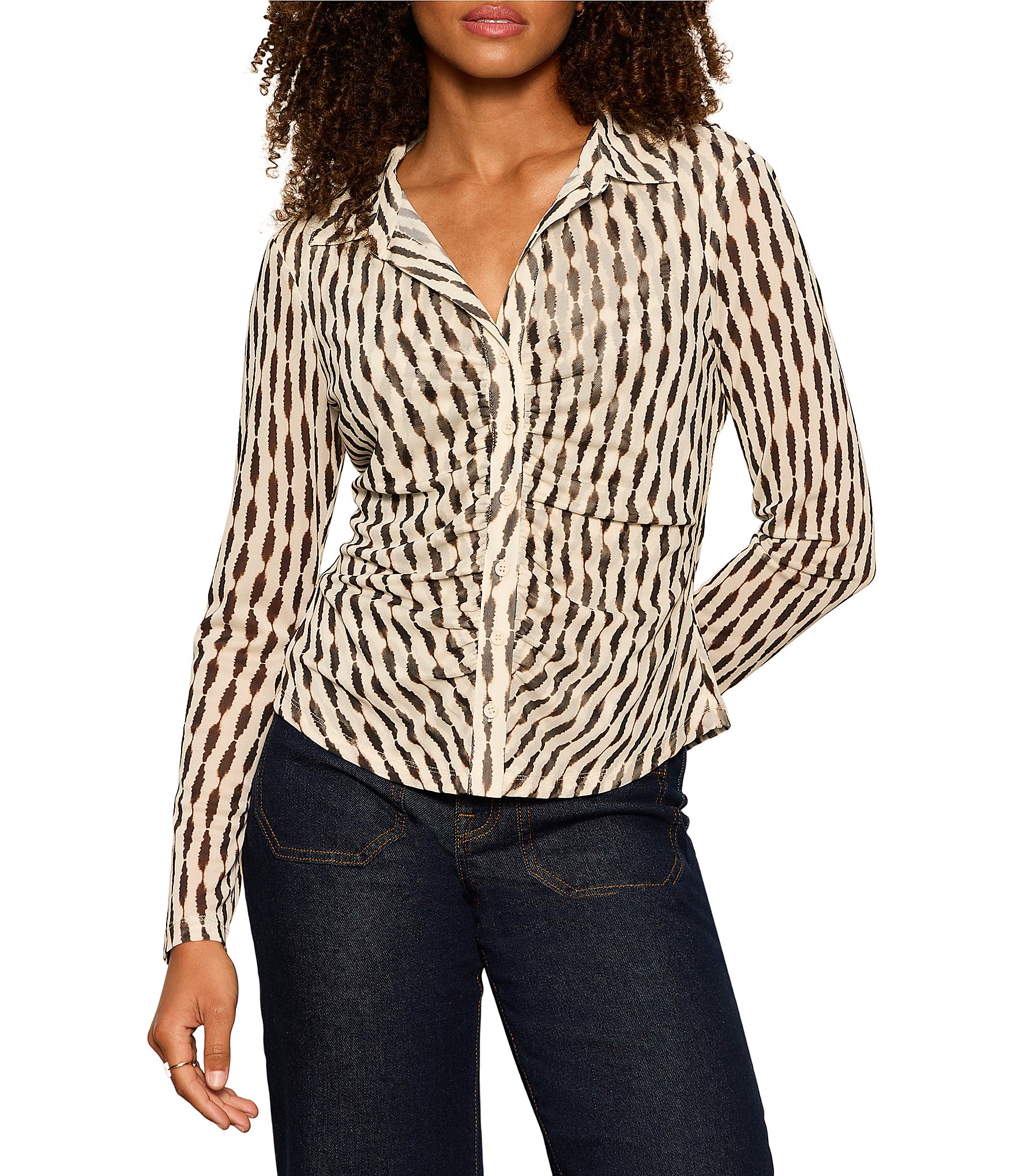Sanctuary Dreamgirl Printed Mesh Point Collared Long Sleeve Ruched Button Front Top