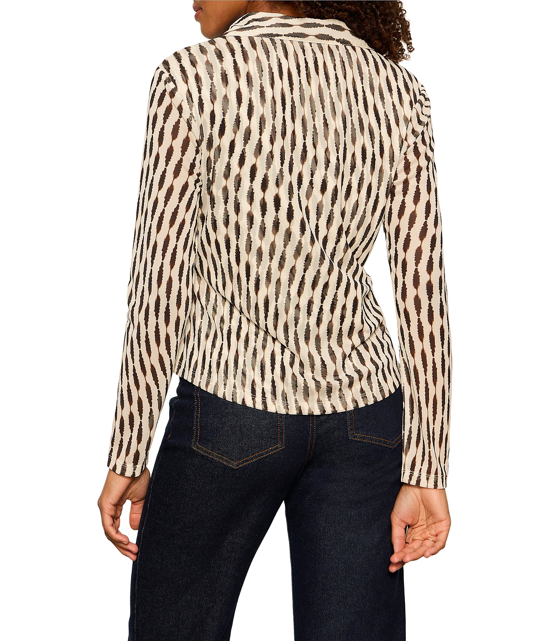 Sanctuary Dreamgirl Printed Mesh Point Collared Long Sleeve Ruched Button Front Top