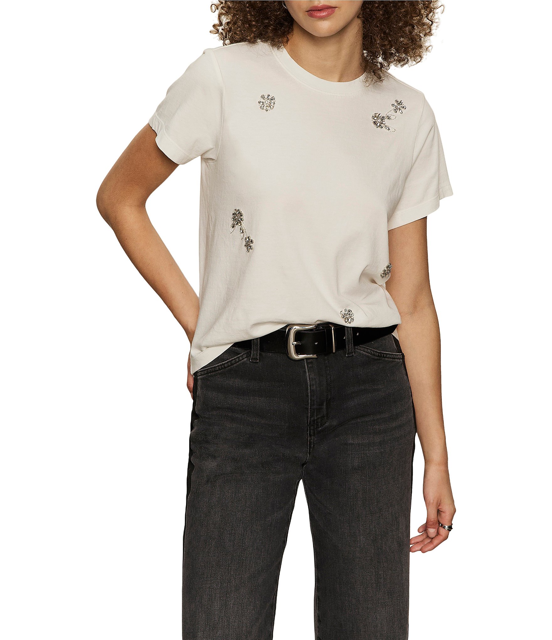 Sanctuary Organic Cotton Embellished Floral Crew Neck Short Sleeve Tee