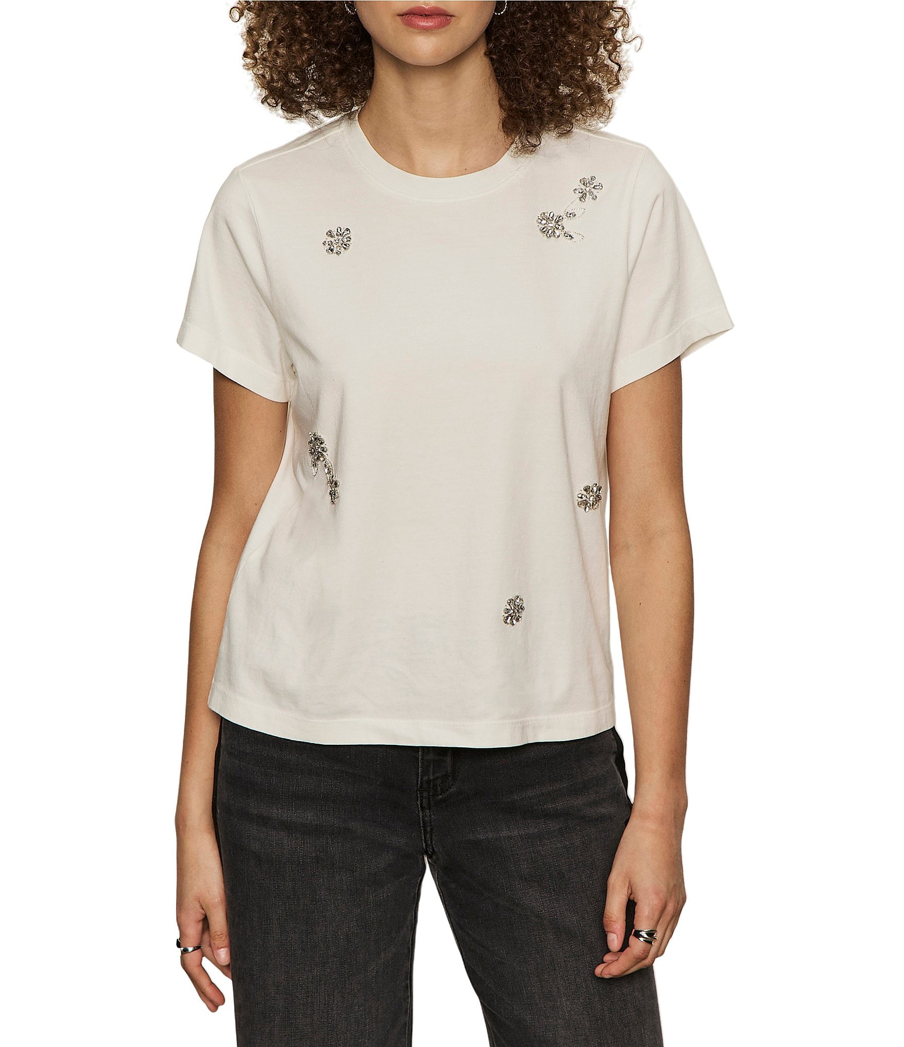 Sanctuary Organic Cotton Embellished Floral Crew Neck Short Sleeve Tee