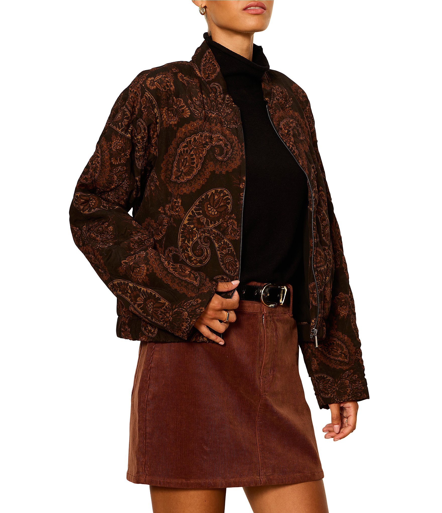 Sanctuary Empress Quilted Paisley Print Long Sleeve Zip-Front Bomber Jacket