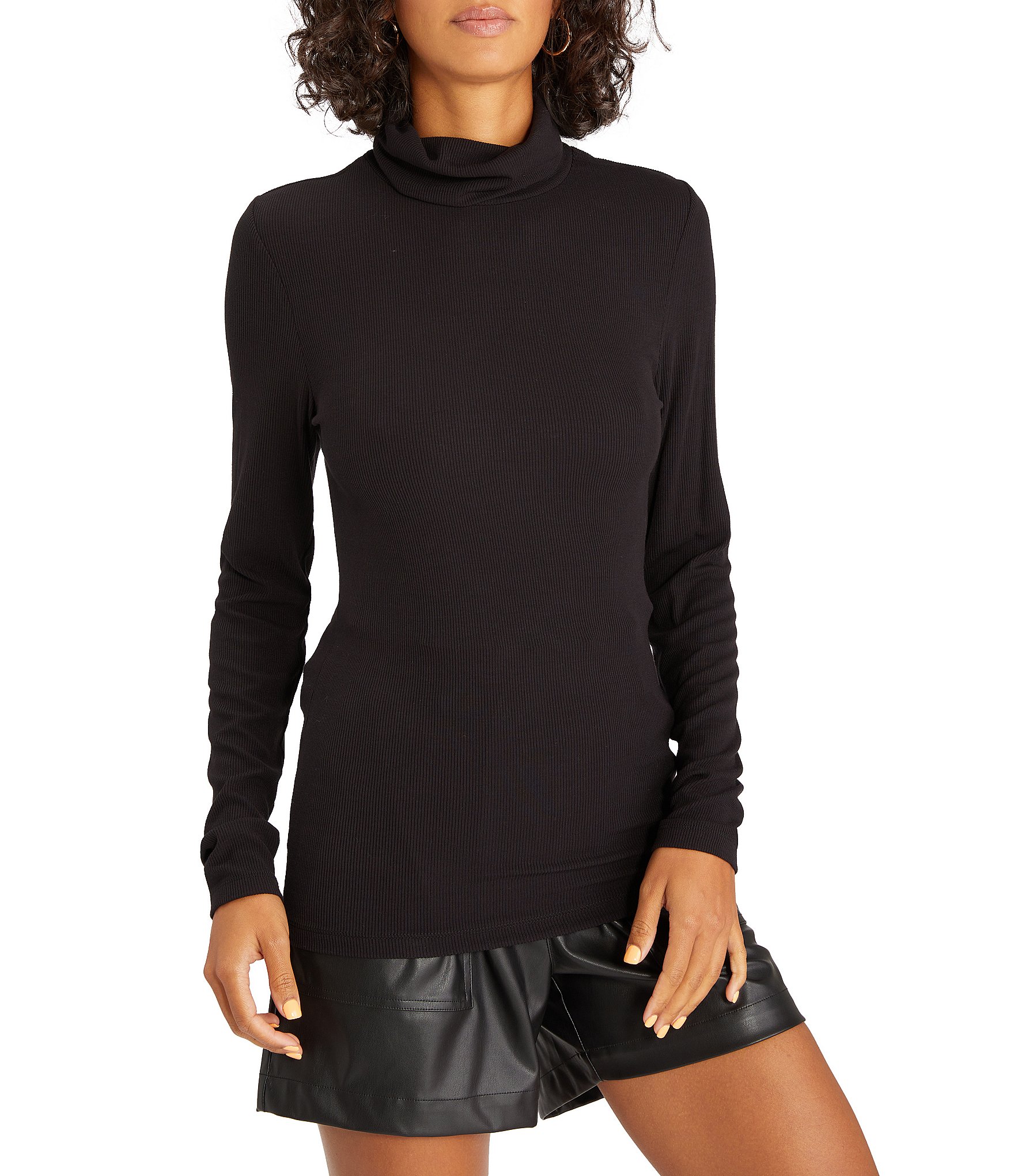 Women's Black Turtle Neck Knitted Ribbed Top