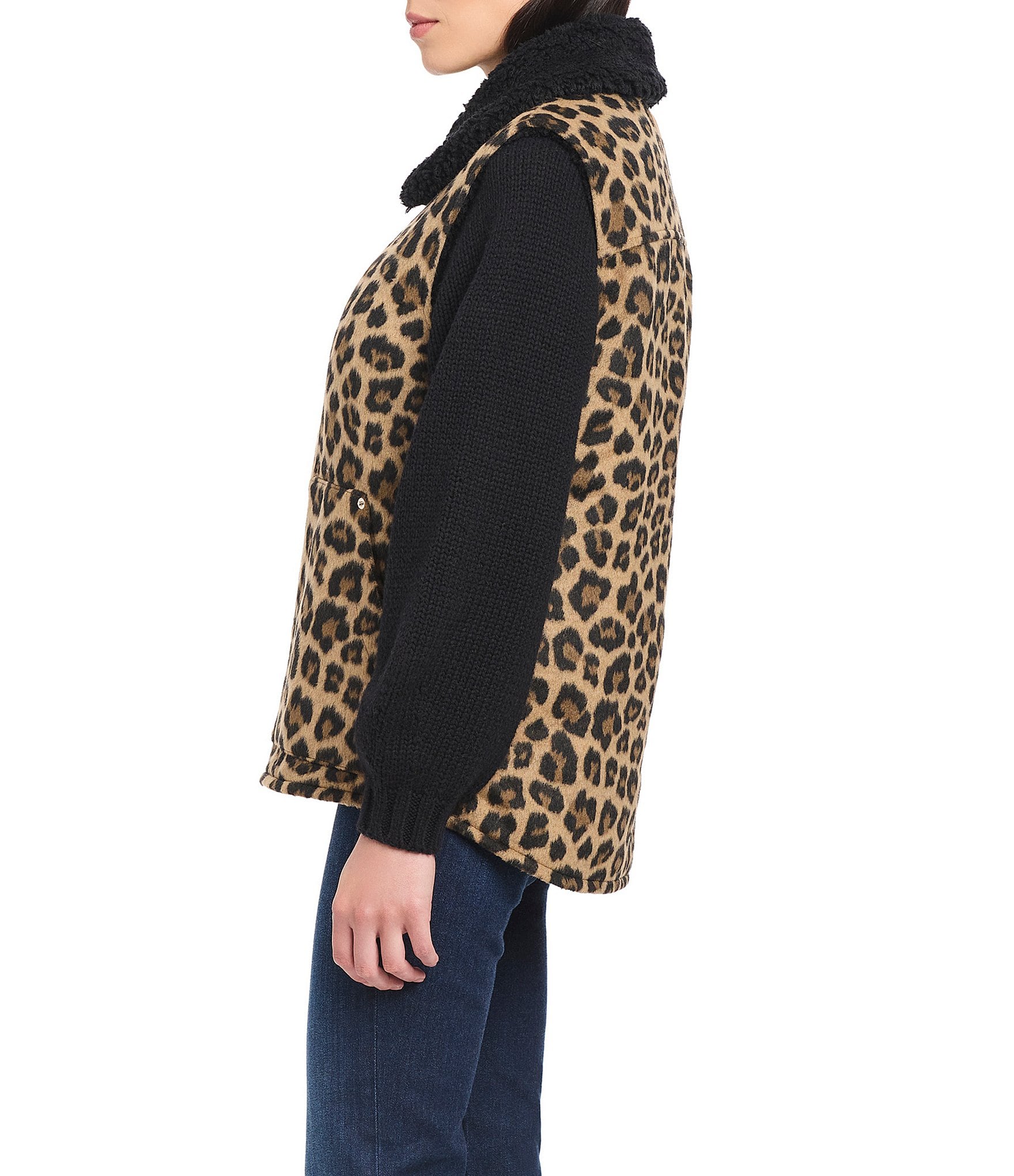 Sanctuary Faux Wool Leopard Print Sherpa Collar Patch Pocket Zip Front Vest