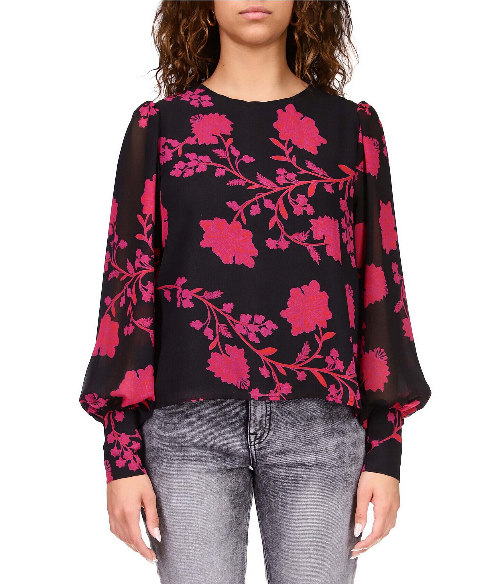 Sanctuary Georgette Woven Floral Print Crew Neck Long Blouson Sleeve ...