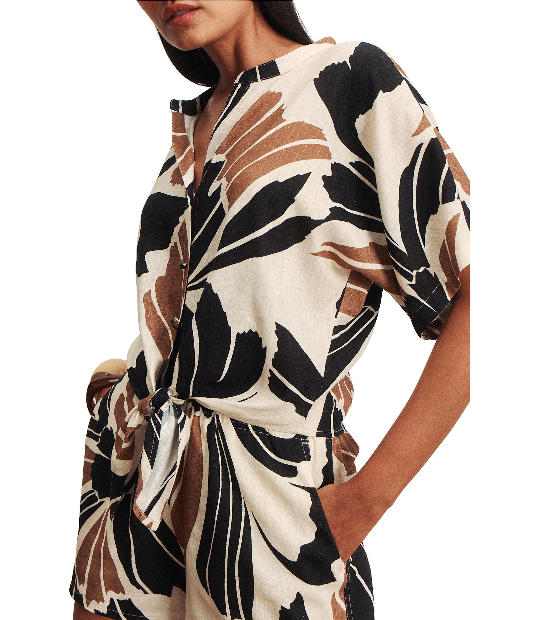 Sanctuary Good Time Tie Printed Banded Collar Short Sleeve Button Front Coordinating Shirt