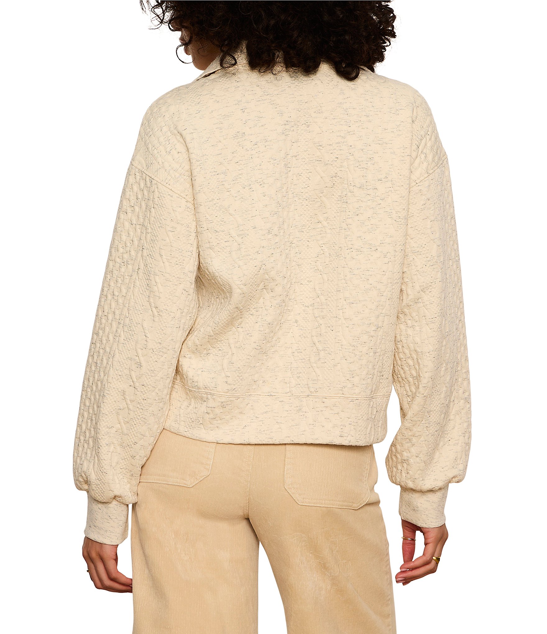 Sanctuary Halley Relaxed Quilted Cable Knit Collared Long Sleeve Popover Top