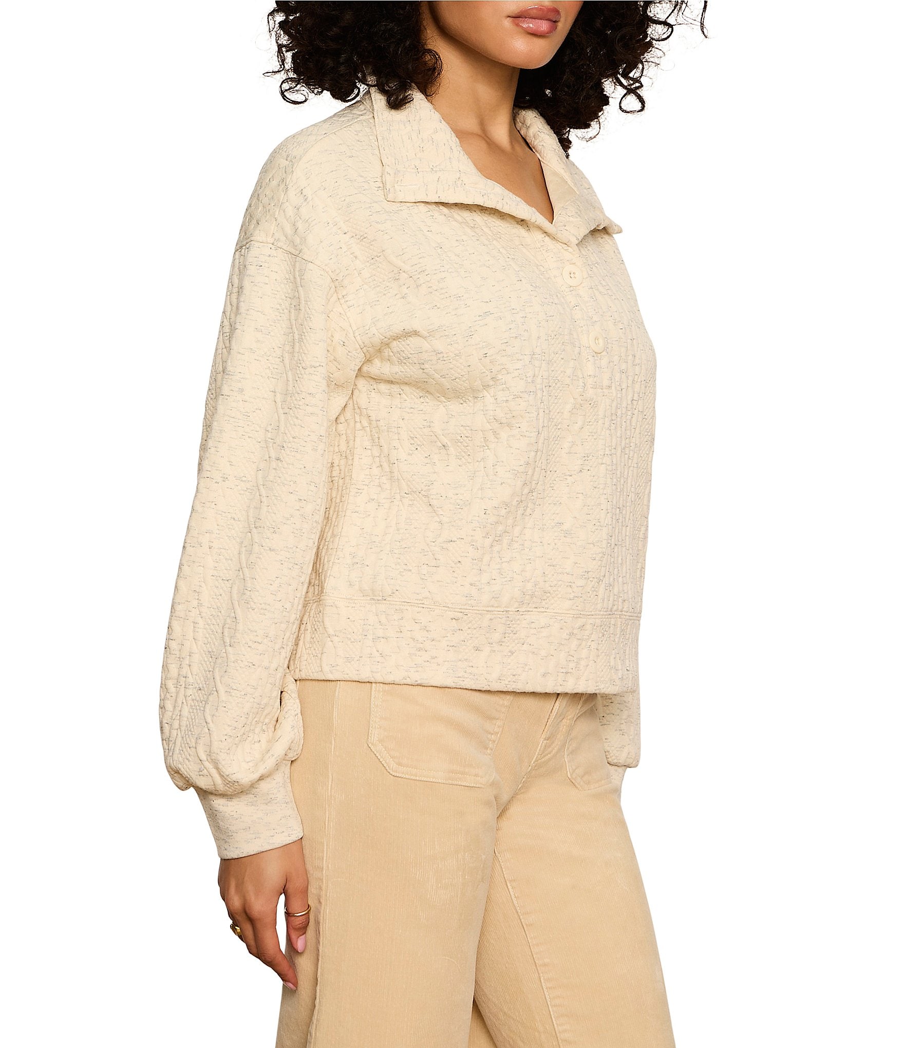 Sanctuary Halley Relaxed Quilted Cable Knit Collared Long Sleeve Popover Top