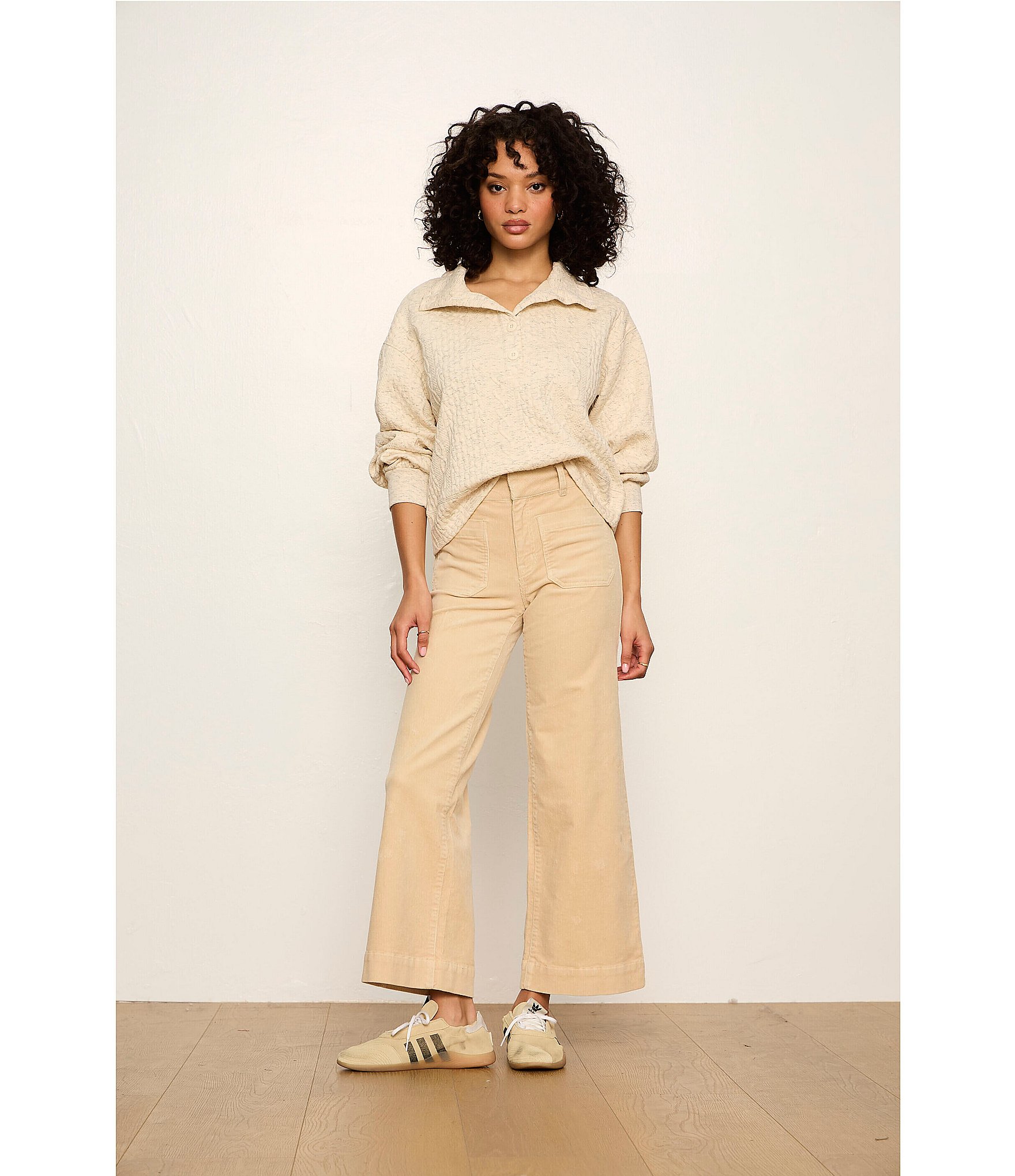 Sanctuary Halley Relaxed Quilted Cable Knit Collared Long Sleeve Popover Top