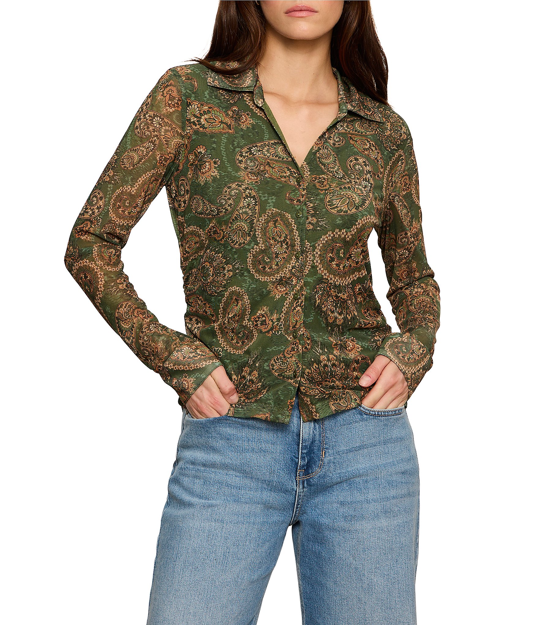 Sanctuary Juno Paisley Printed Spread Collar Button Front Mesh Top