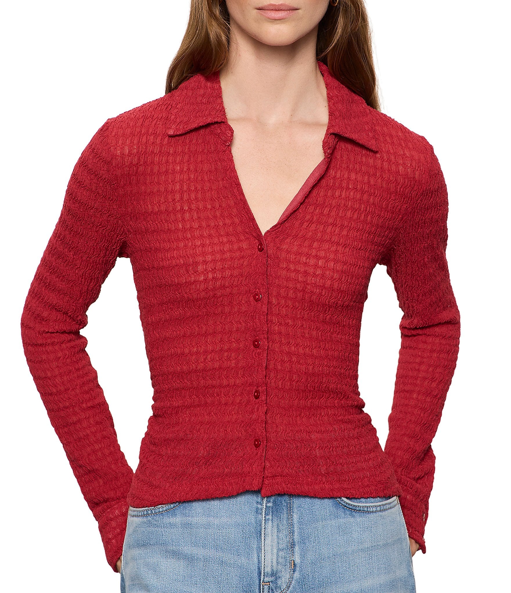Sanctuary Juno Textured Spread Collar Long Sleeve Button Front Knit Top