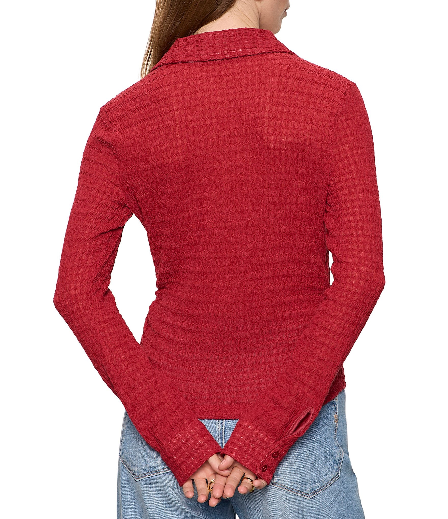 Sanctuary Juno Textured Spread Collar Long Sleeve Button Front Knit Top