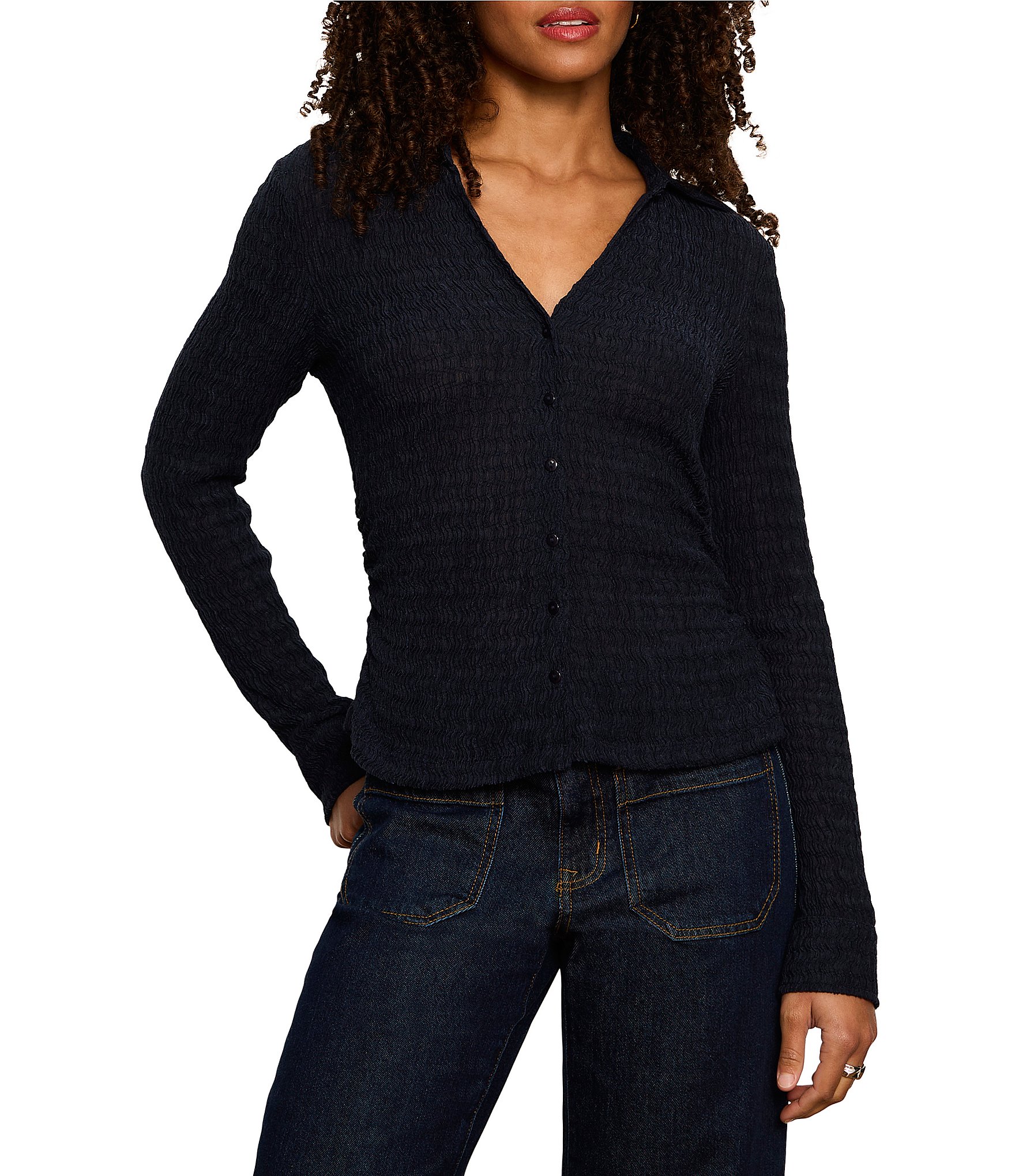 Sanctuary Juno Textured Spread Collar Long Sleeve Button Front Knit Top