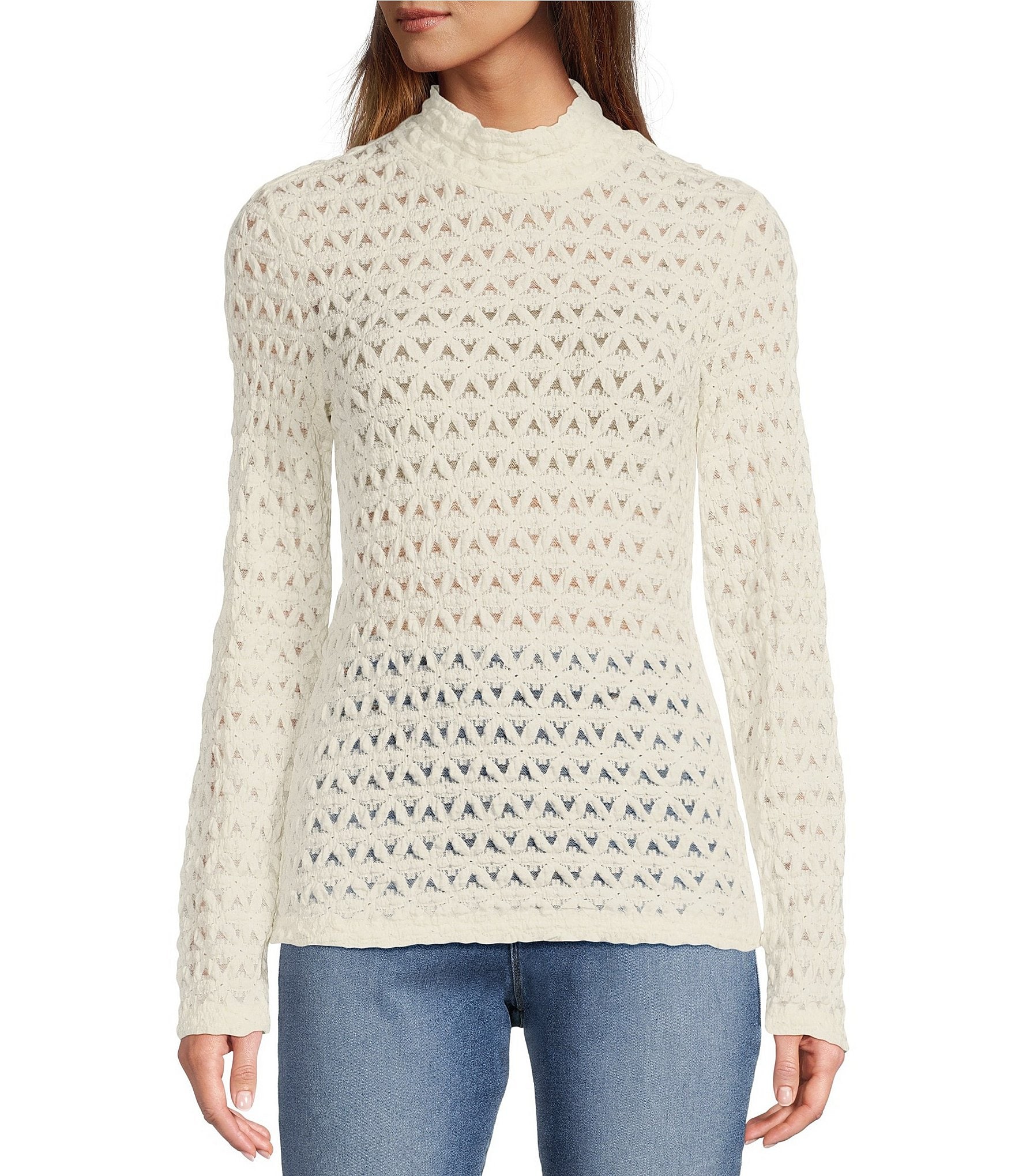 Sanctuary Lace Stretch Knit Turtle Neck Long Sleeve Top