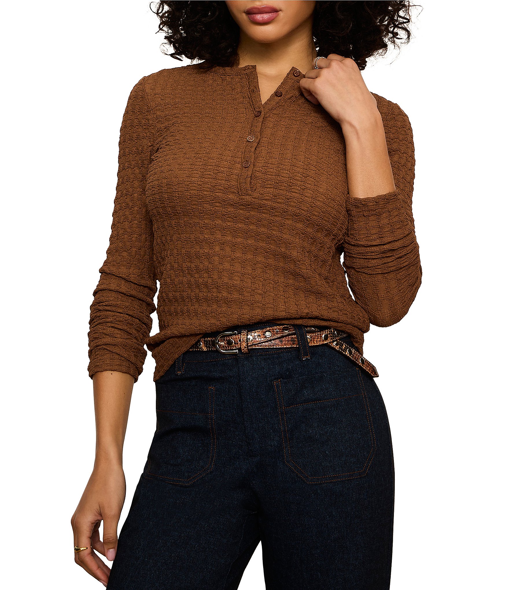 Sanctuary Not So Basic Textured Henley Neck Long Sleeve Knit Top