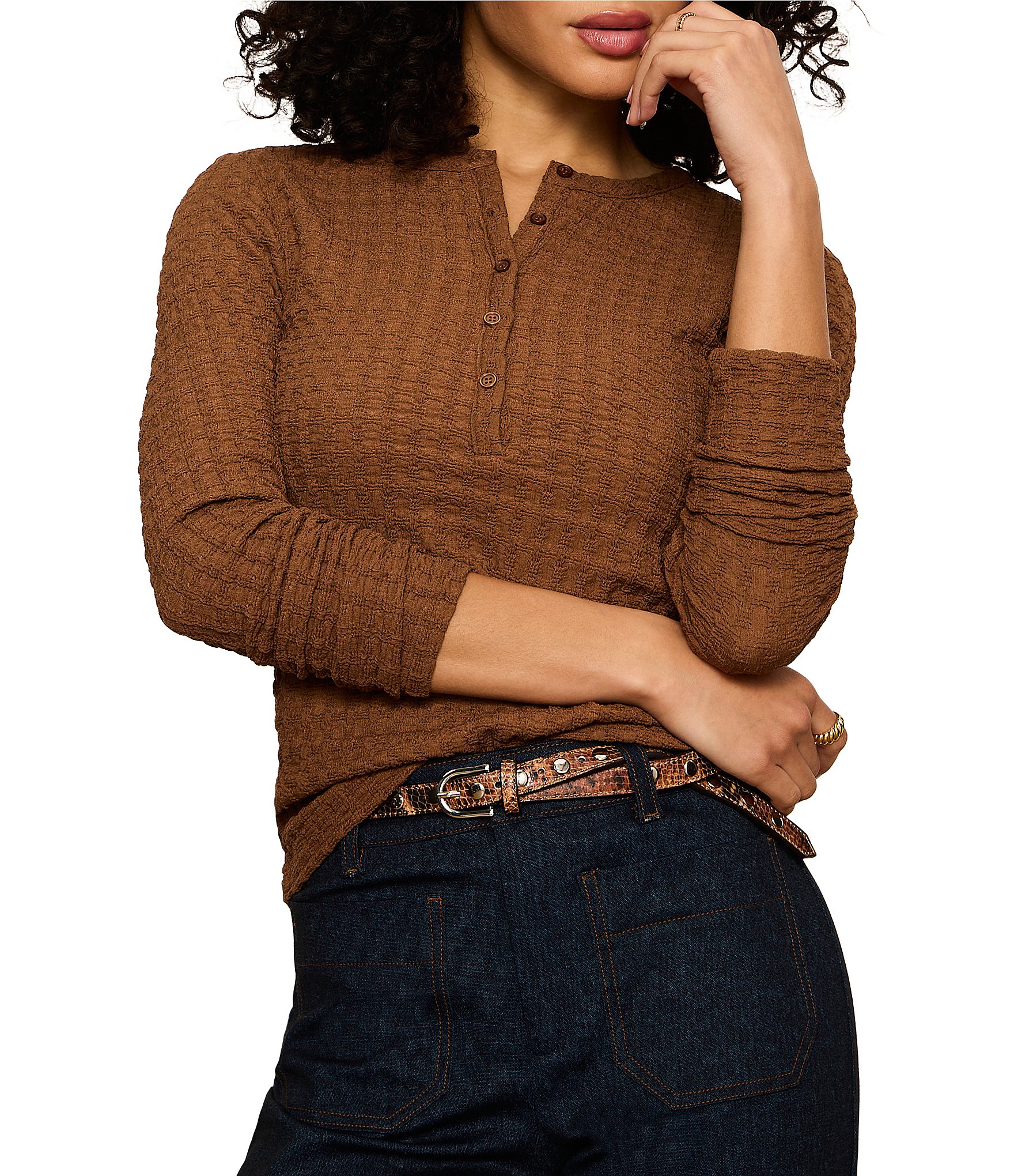 Sanctuary Not So Basic Textured Henley Neck Long Sleeve Knit Top