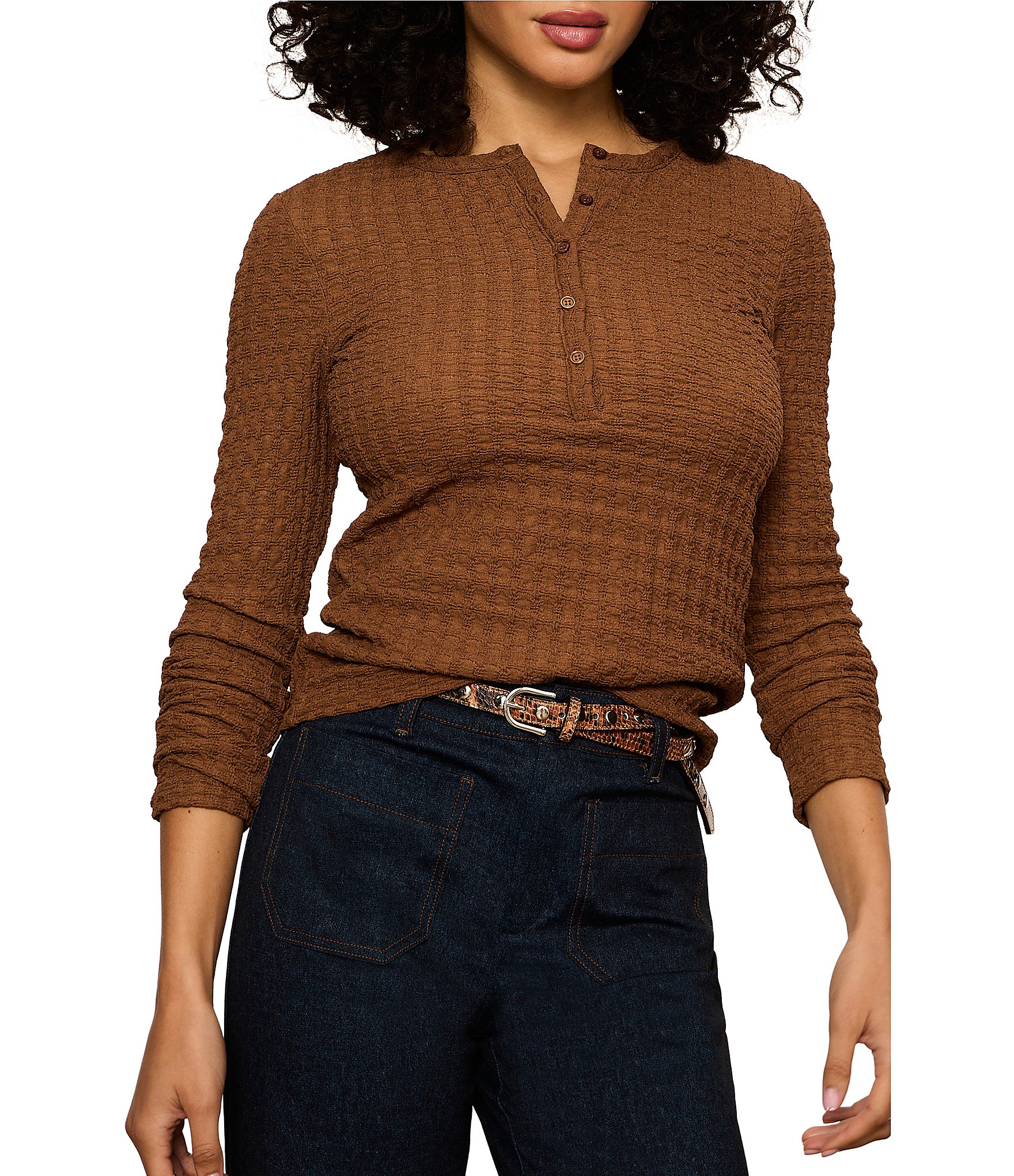 Sanctuary Not So Basic Textured Henley Neck Long Sleeve Knit Top