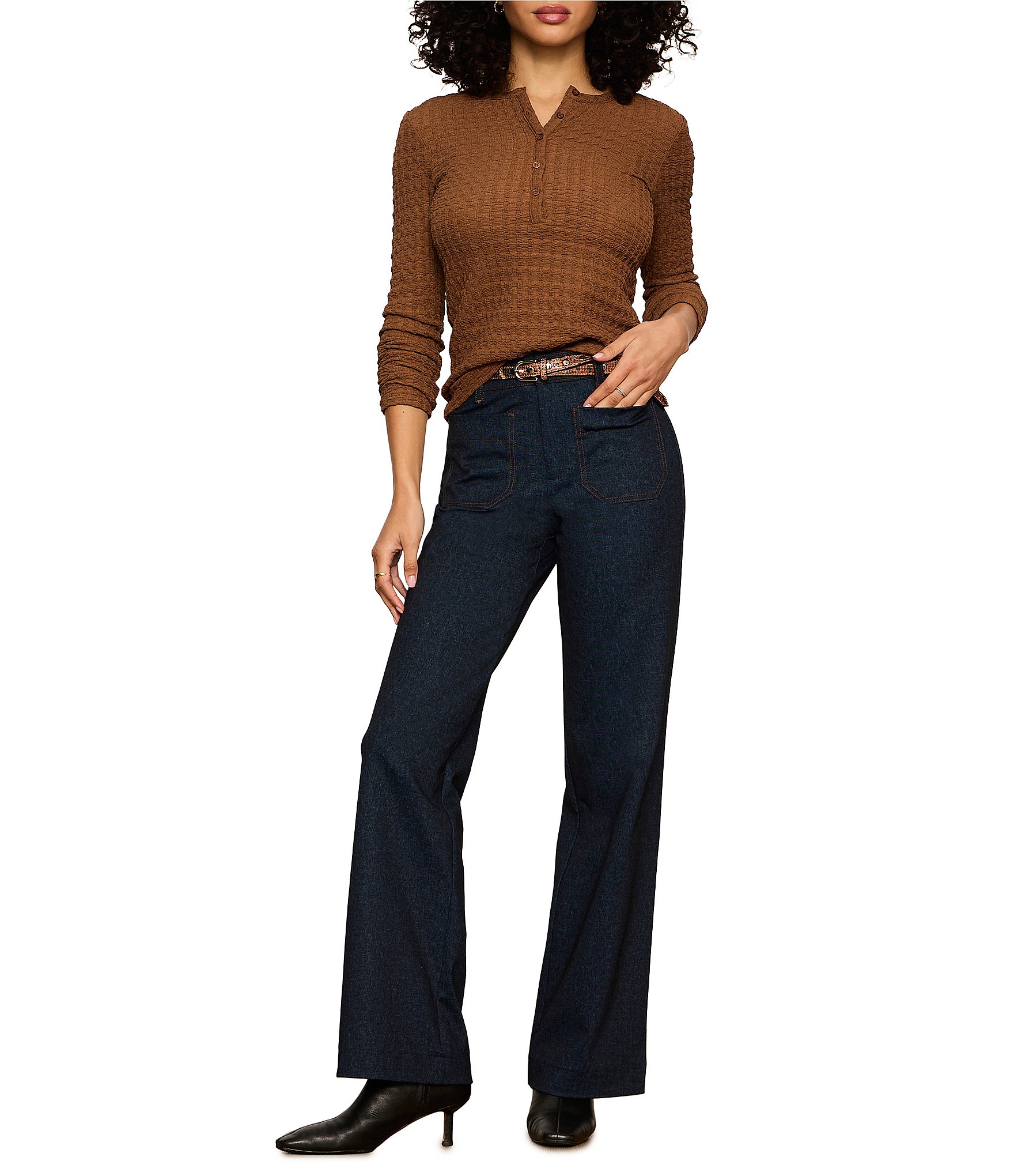 Sanctuary Not So Basic Textured Henley Neck Long Sleeve Knit Top