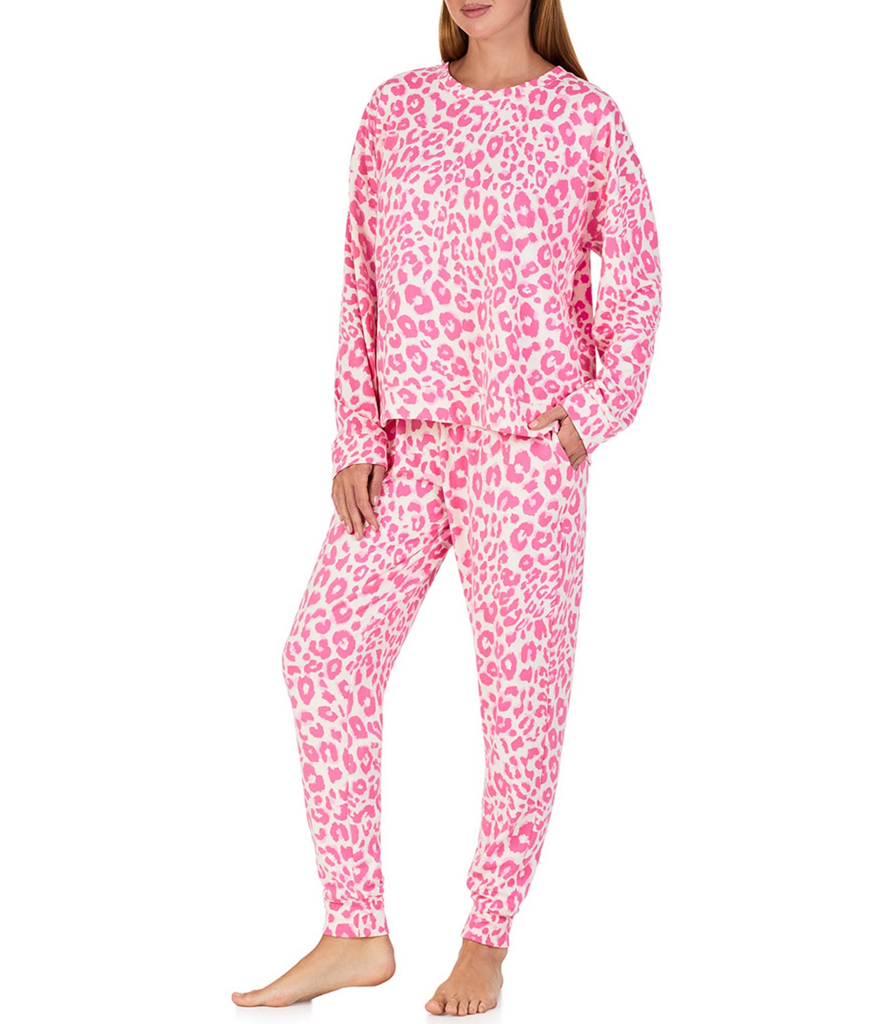 Sanctuary Pink Leopard Print Long Sleeve Round Neck Knit Jogger Pajama Set