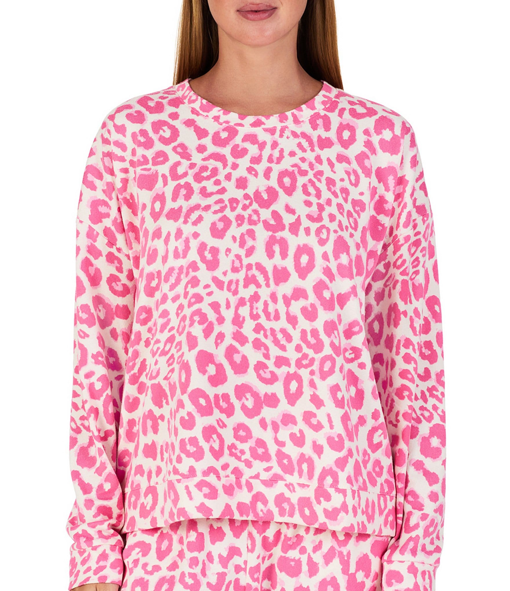 Sanctuary Pink Leopard Print Long Sleeve Round Neck Knit Jogger Pajama Set