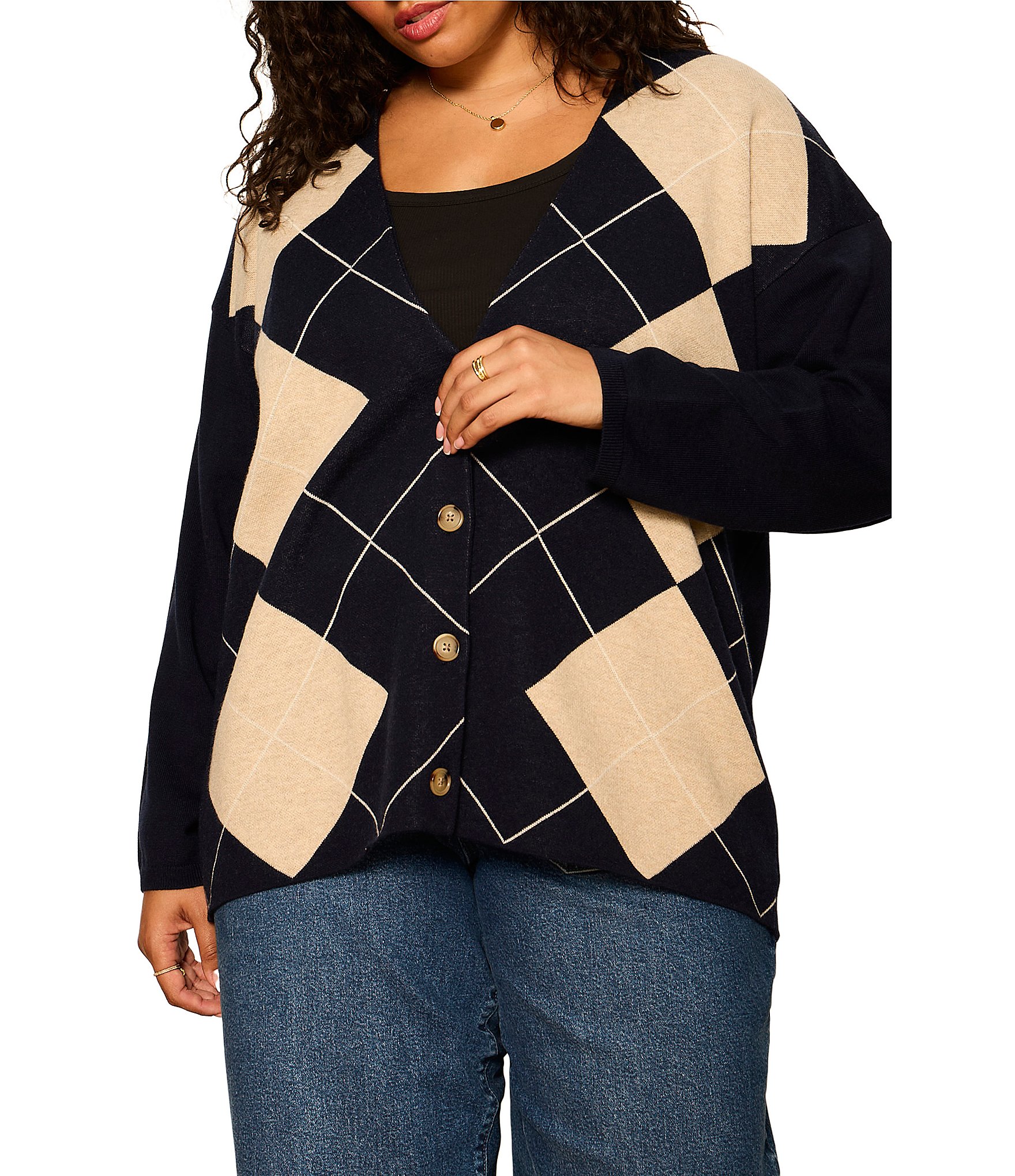 Sanctuary Plus Size Arden Argyle V-Neck Long Sleeve Button Front Rolled Hem Cardigan