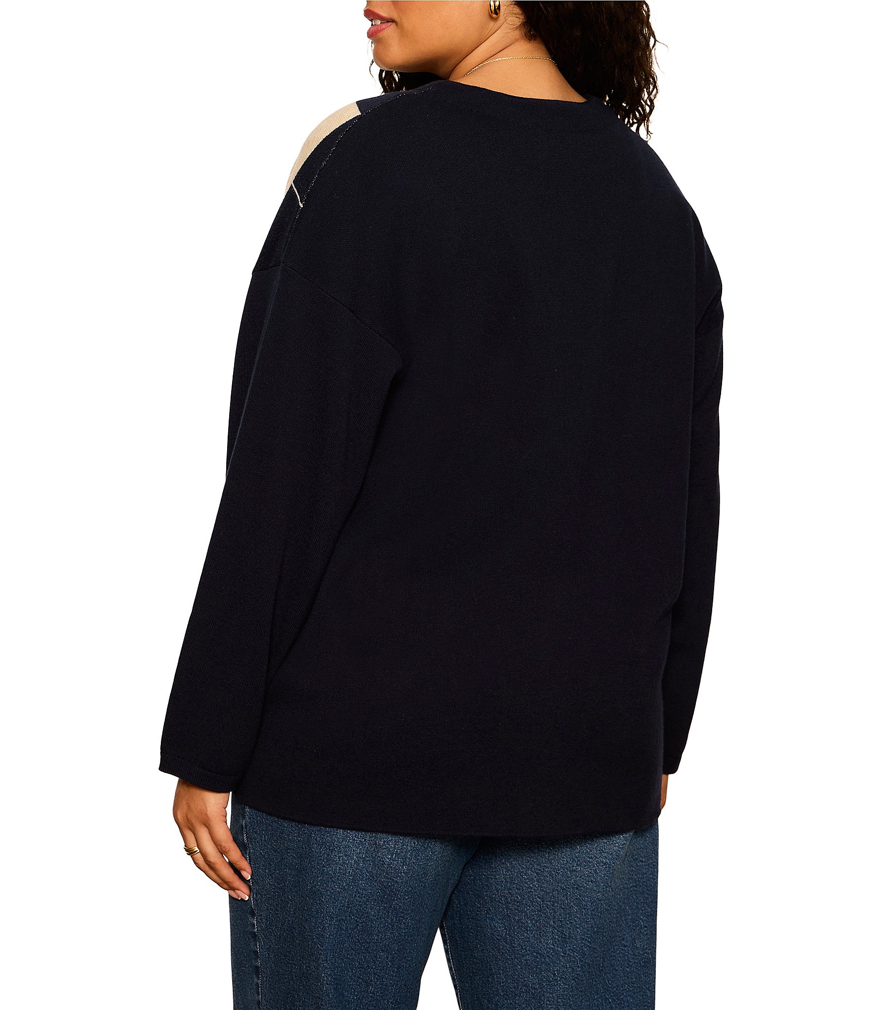 Sanctuary Plus Size Arden Argyle V-Neck Long Sleeve Button Front Rolled Hem Cardigan