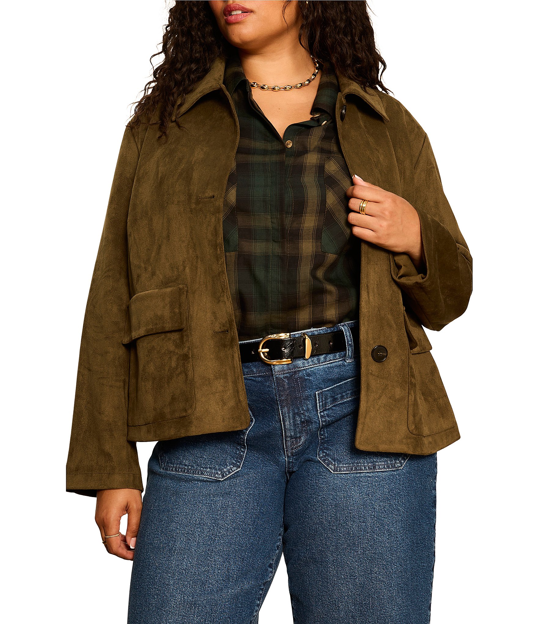 Sanctuary Plus Size Avid Faux Suede Spread Collar Long Sleeve Button Front Jacket