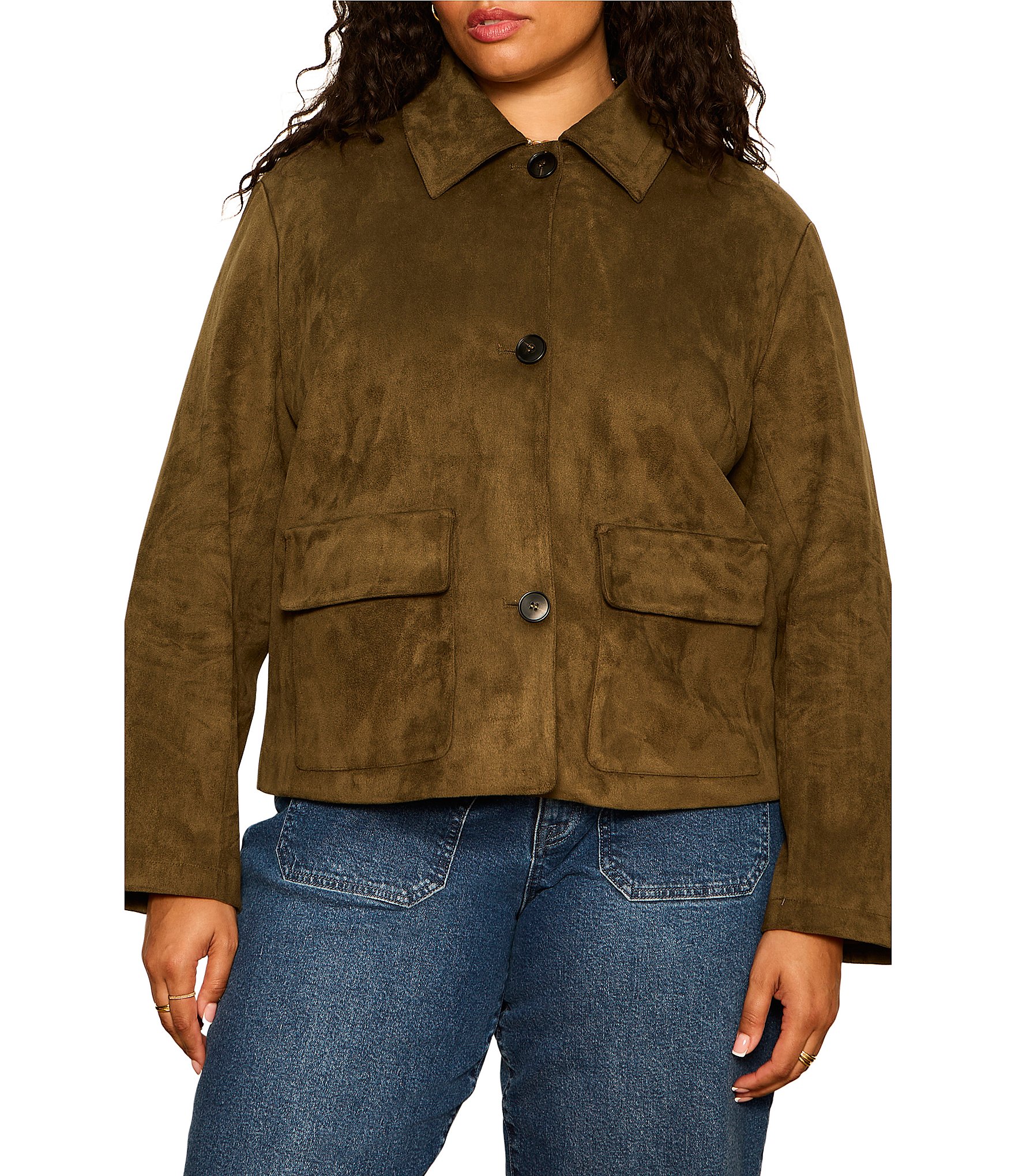 Sanctuary Plus Size Avid Faux Suede Spread Collar Long Sleeve Button Front Jacket
