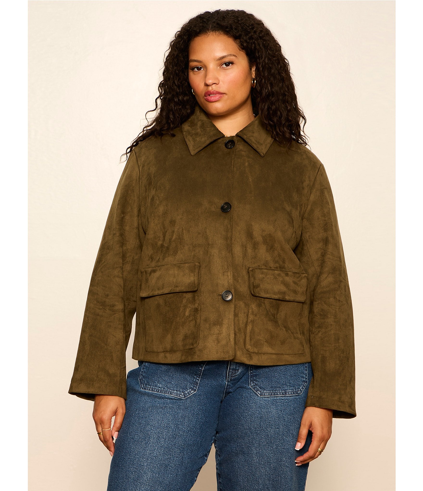 Sanctuary Plus Size Avid Faux Suede Spread Collar Long Sleeve Button Front Jacket