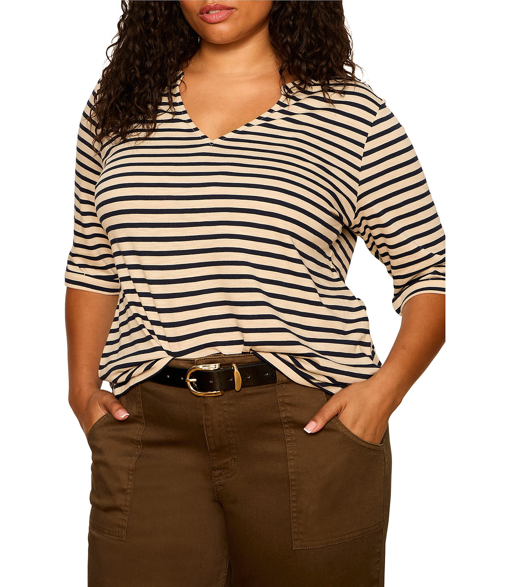 Sanctuary Plus Size Dolce Stripe Print Notch Neck 3/4 Sleeve Jersey Knit Tee