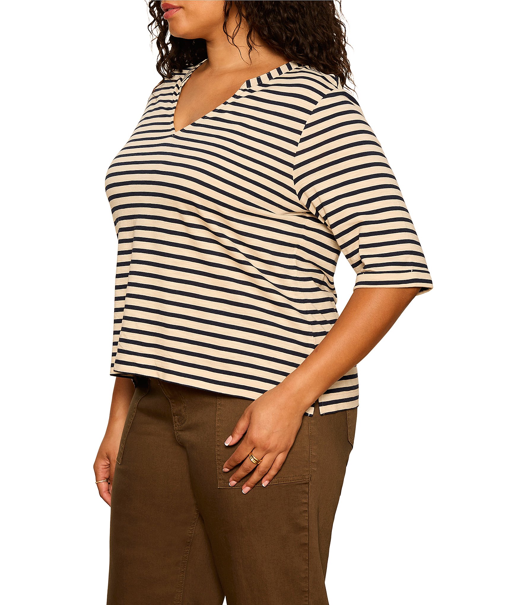 Sanctuary Plus Size Dolce Stripe Print Notch Neck 3/4 Sleeve Jersey Knit Tee