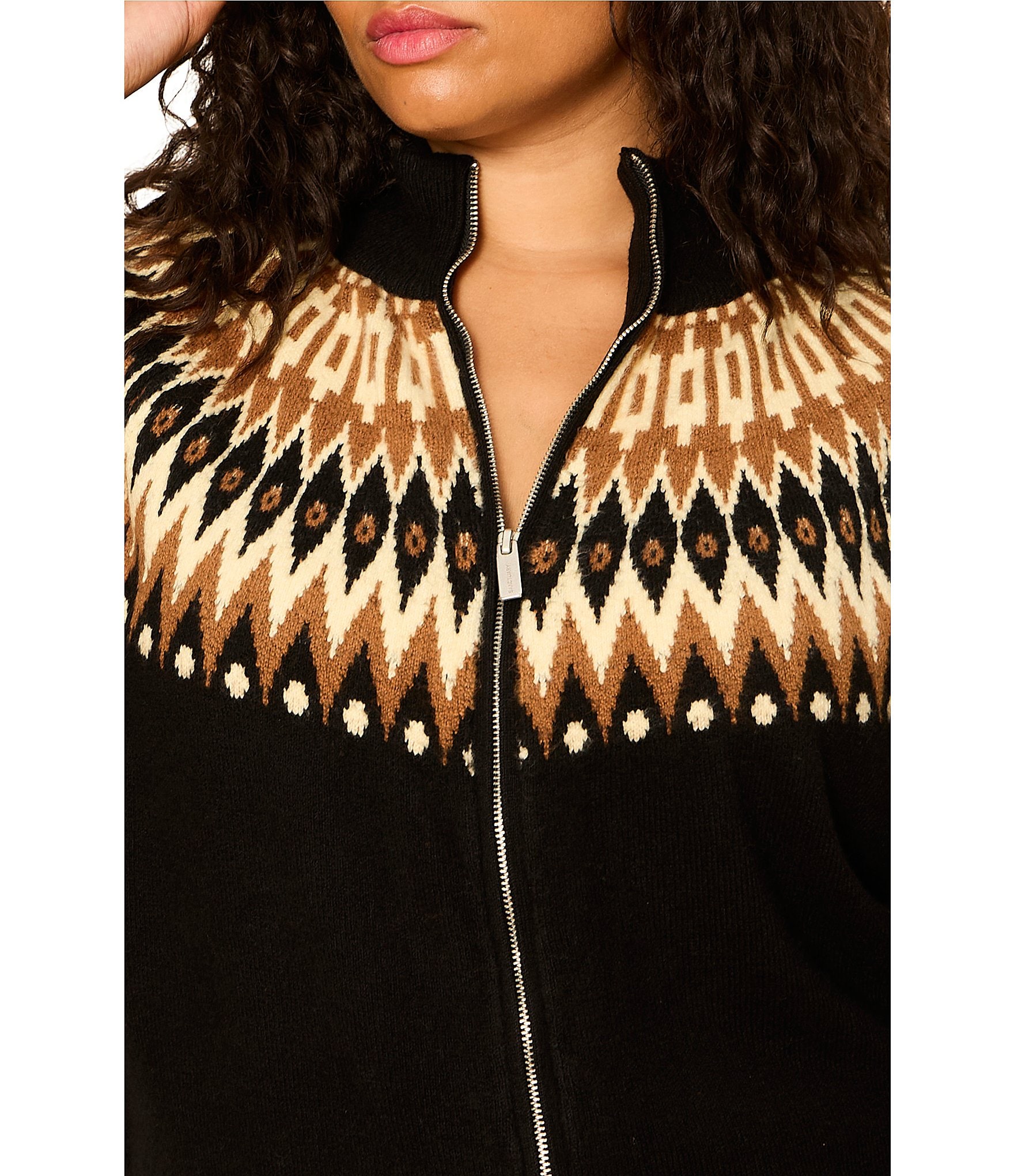 Sanctuary Plus Size Fairisle Printed Short Sleeve Zip-Up Sweater