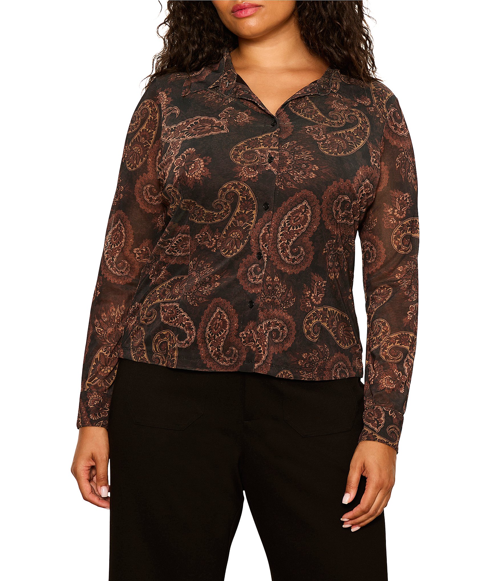 Sanctuary Plus Size Fitted Mesh Paisley Print Spread Collar Long Sleeve Button Down Top