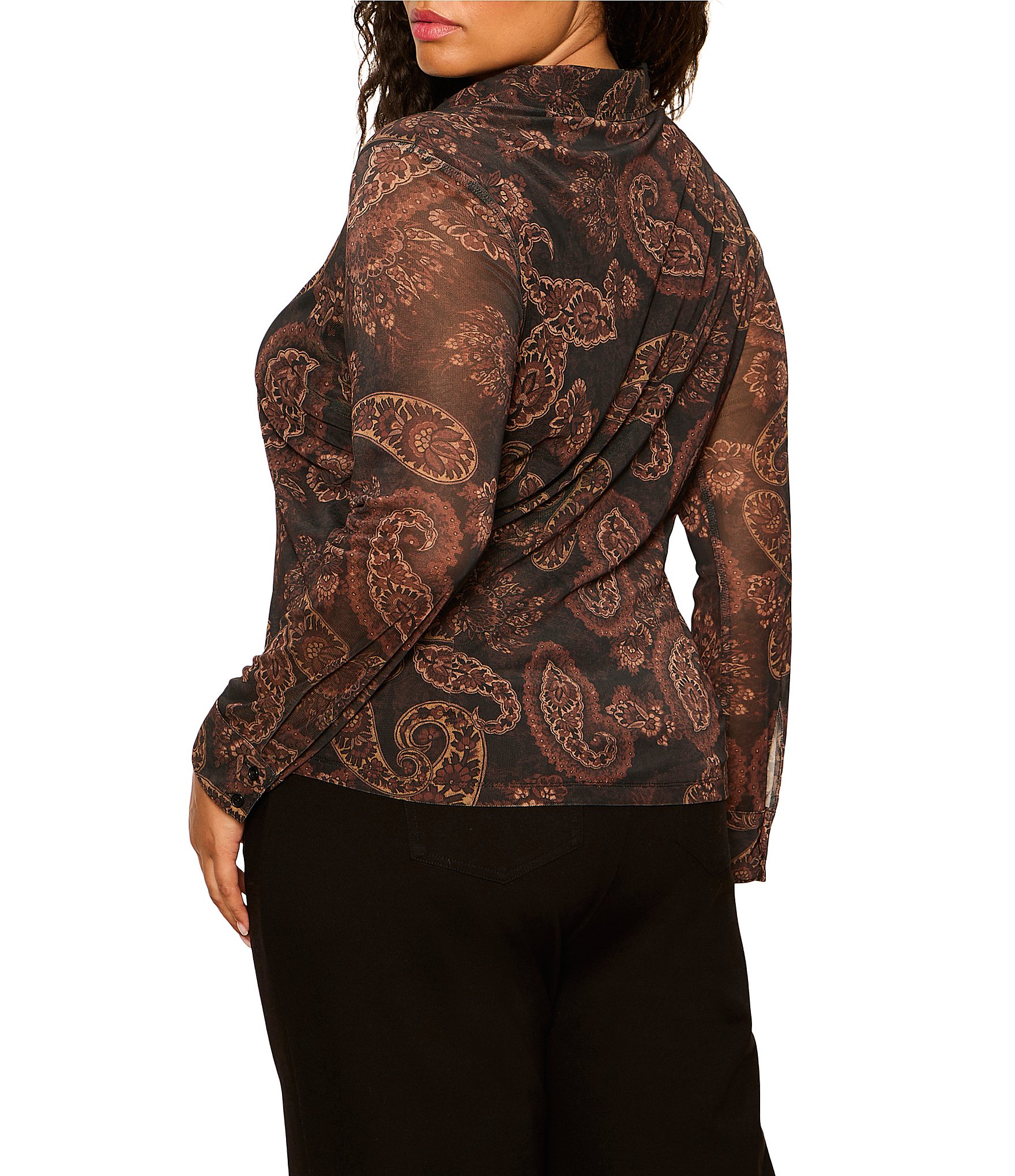 Sanctuary Plus Size Fitted Mesh Paisley Print Spread Collar Long Sleeve Button Down Top