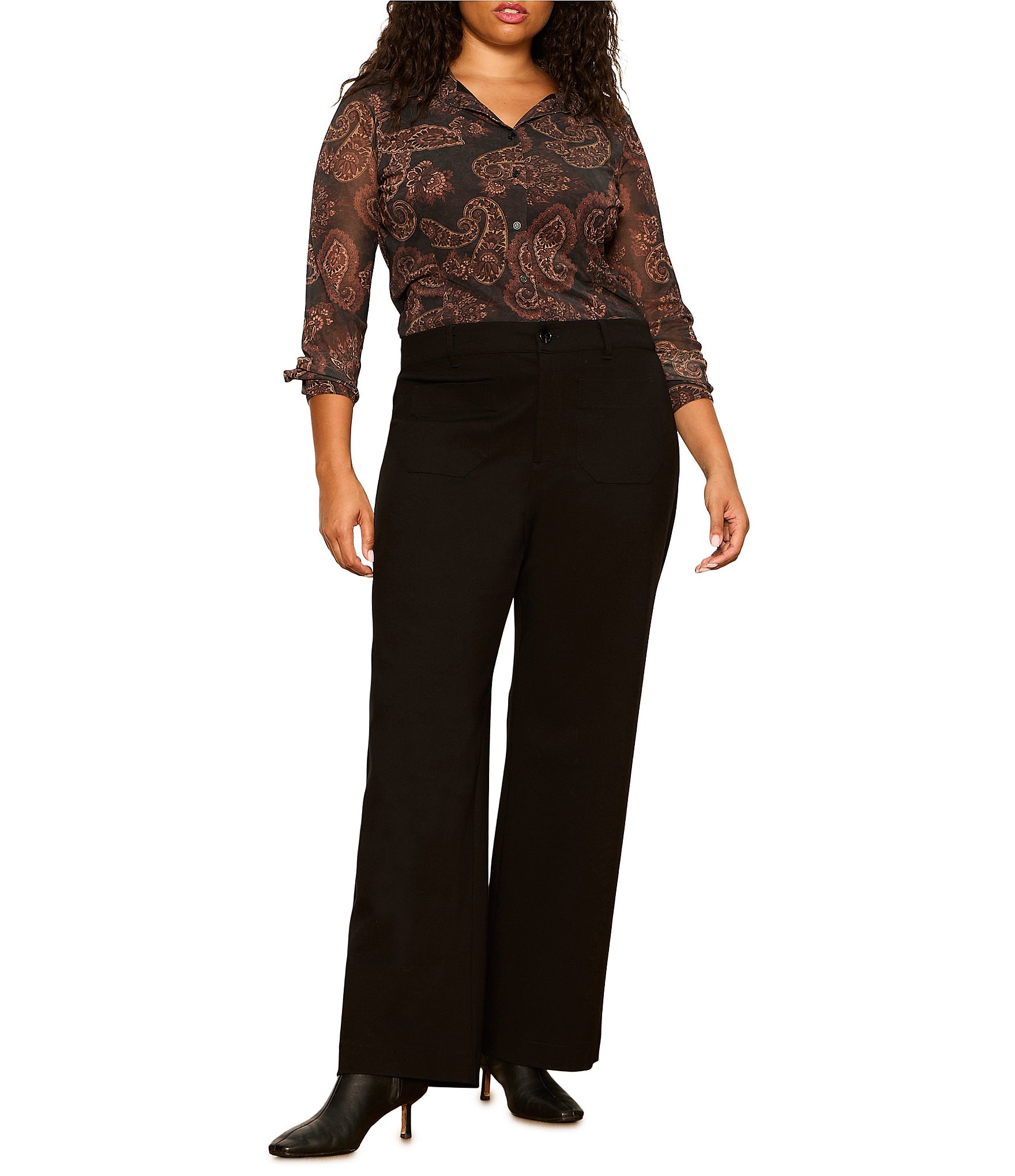 Sanctuary Plus Size Fitted Mesh Paisley Print Spread Collar Long Sleeve Button Down Top