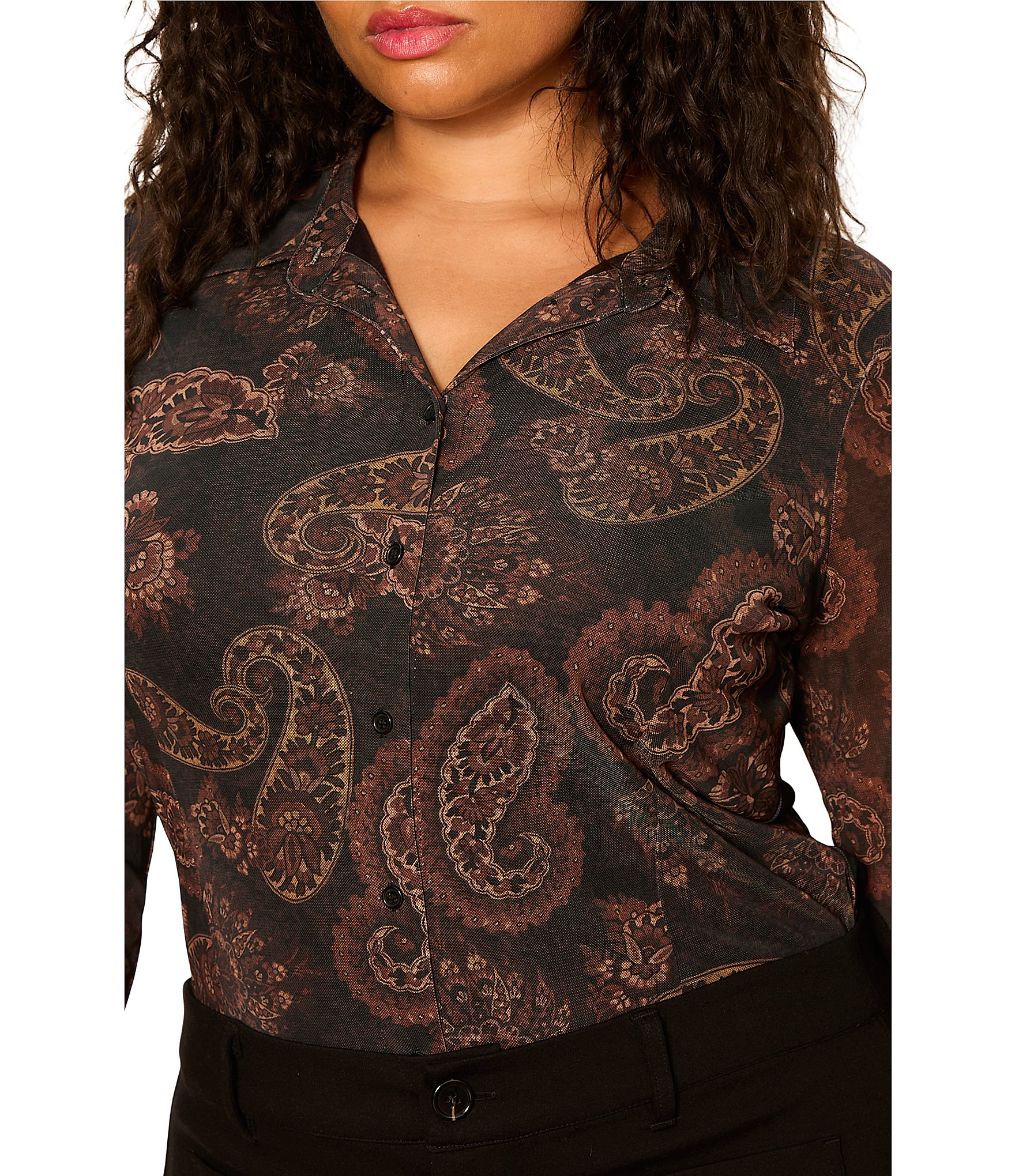 Sanctuary Plus Size Fitted Mesh Paisley Print Spread Collar Long Sleeve Button Down Top
