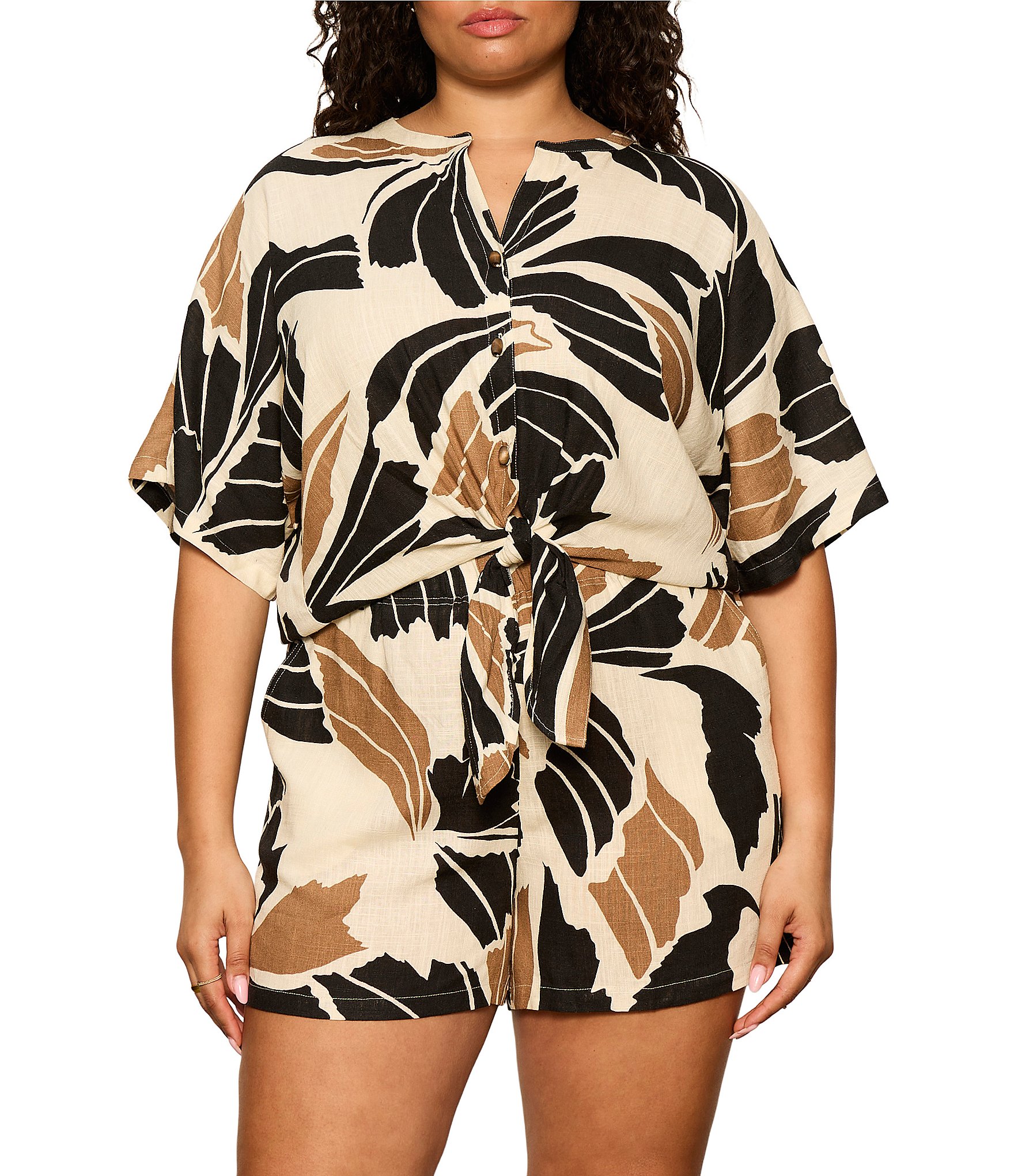 Sanctuary Plus Size Good Time Tie Printed Banded Collar Short Sleeve Button Front Coordinating Linen Shirt