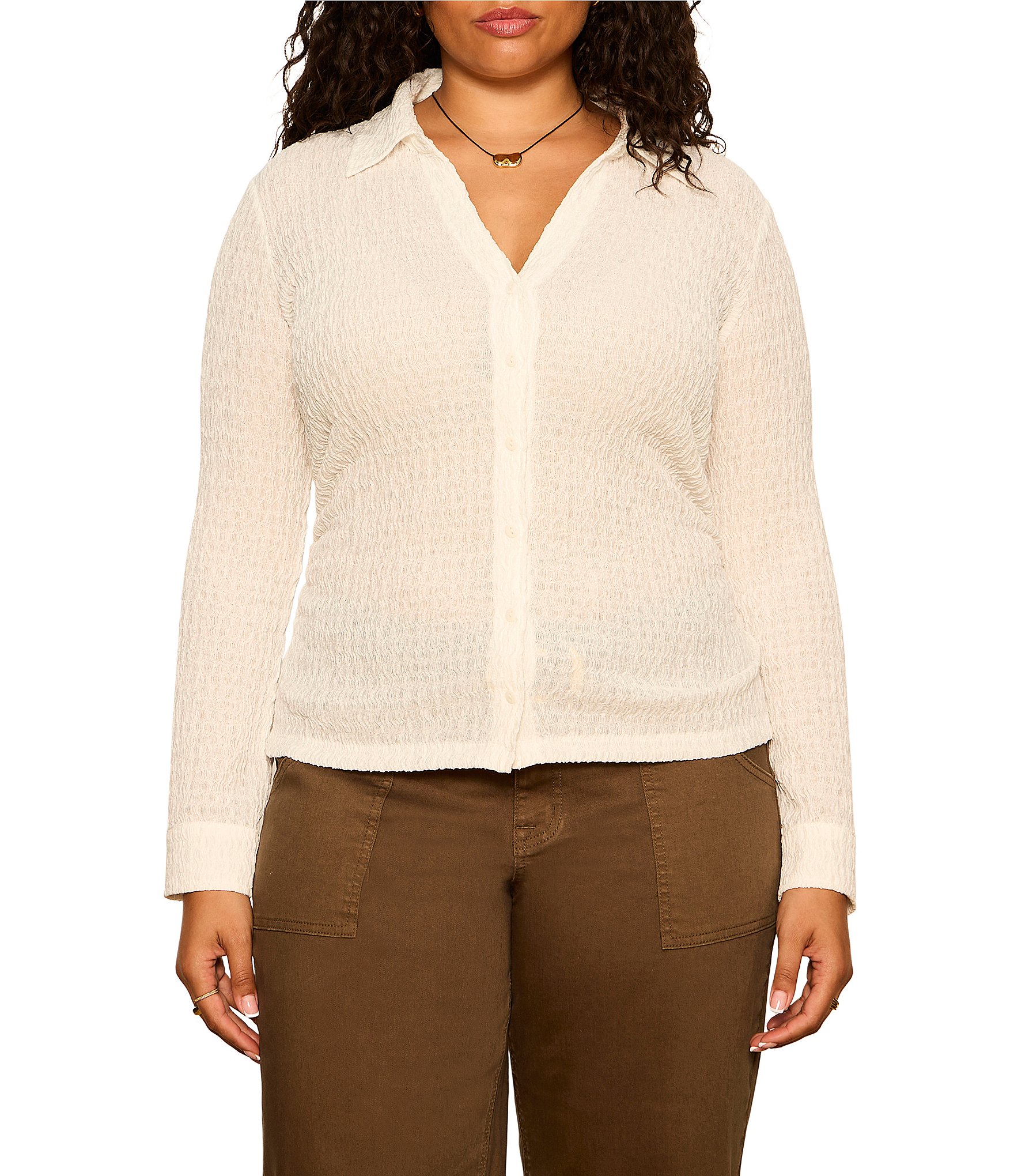 Sanctuary Plus Size Juno Textured Spread Collar Long Sleeve Button Front Knit Top