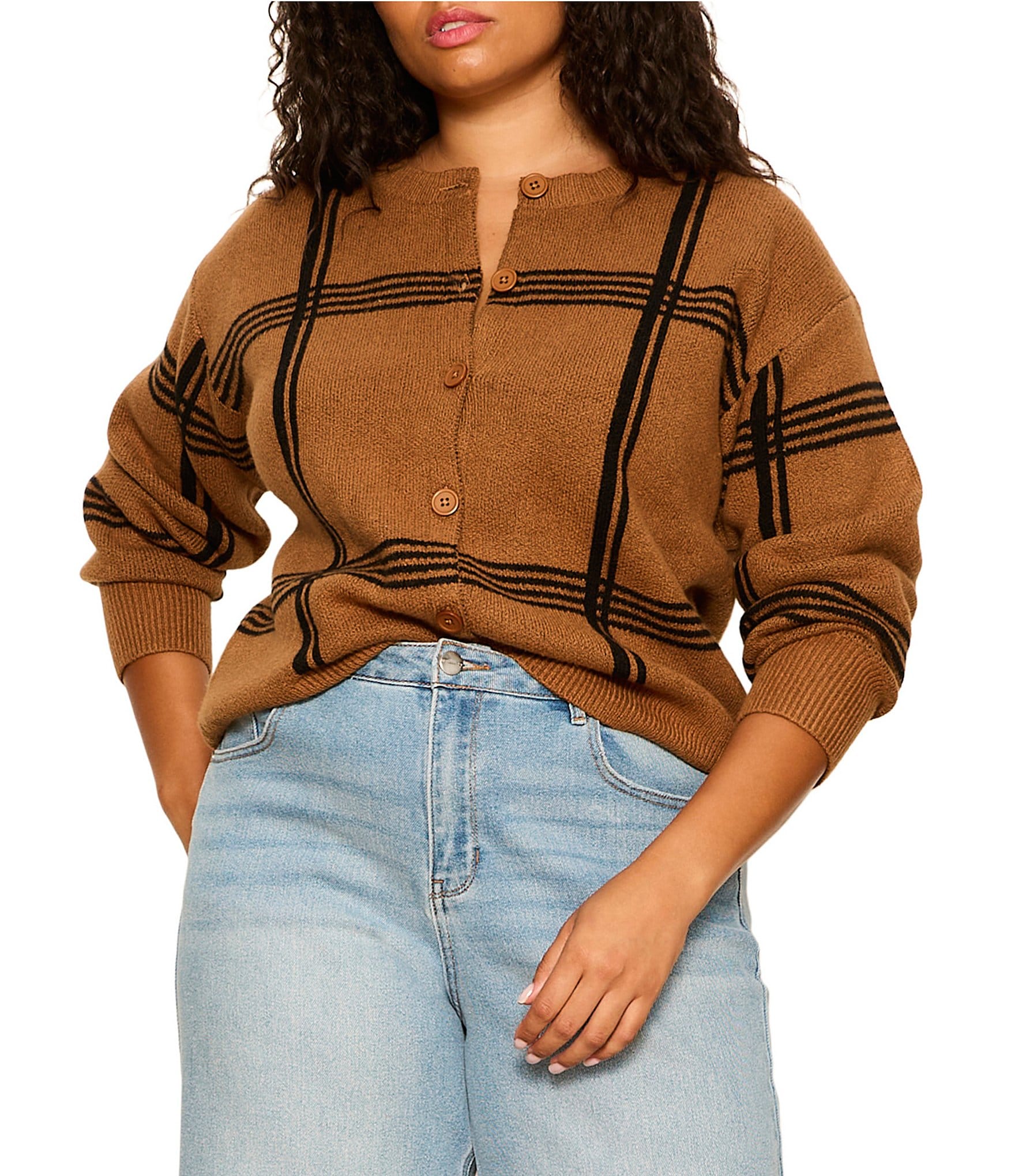 Sanctuary Plus Size Must-Have Plaid Printed Round Neck Long Sleeve Button Front Cardigan