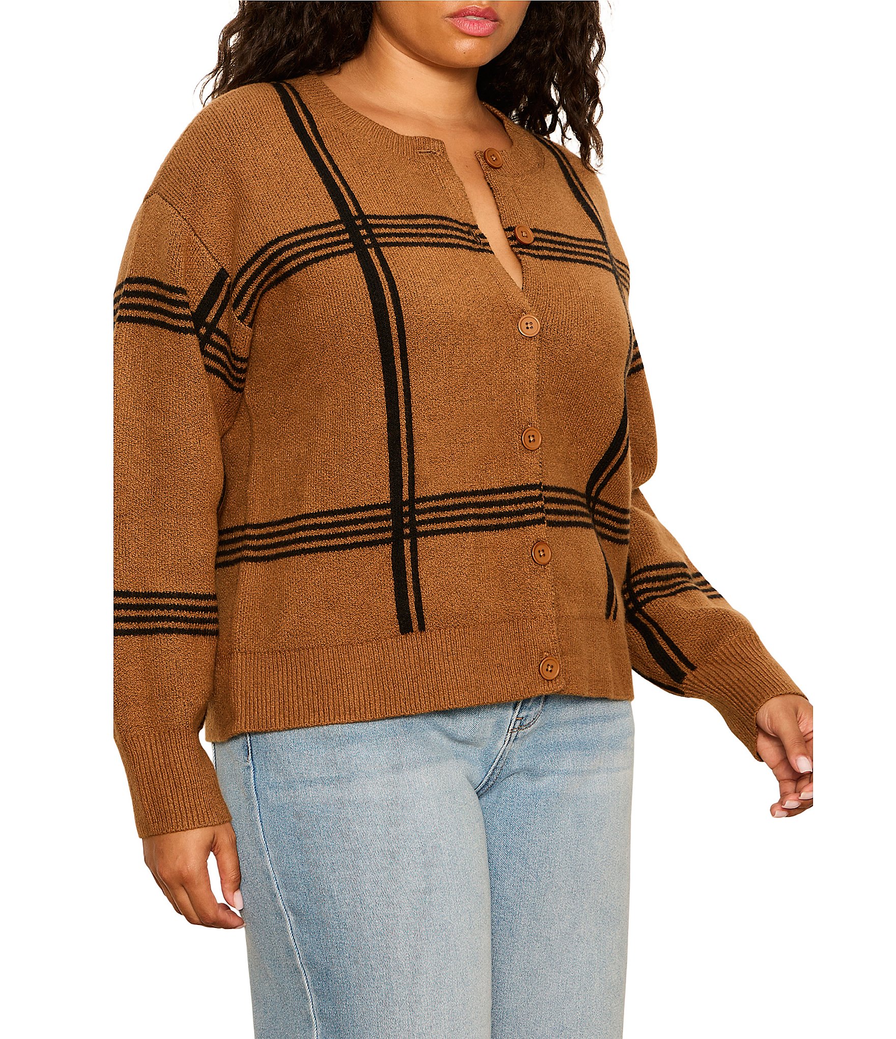 Sanctuary Plus Size Must-Have Plaid Printed Round Neck Long Sleeve Button Front Cardigan