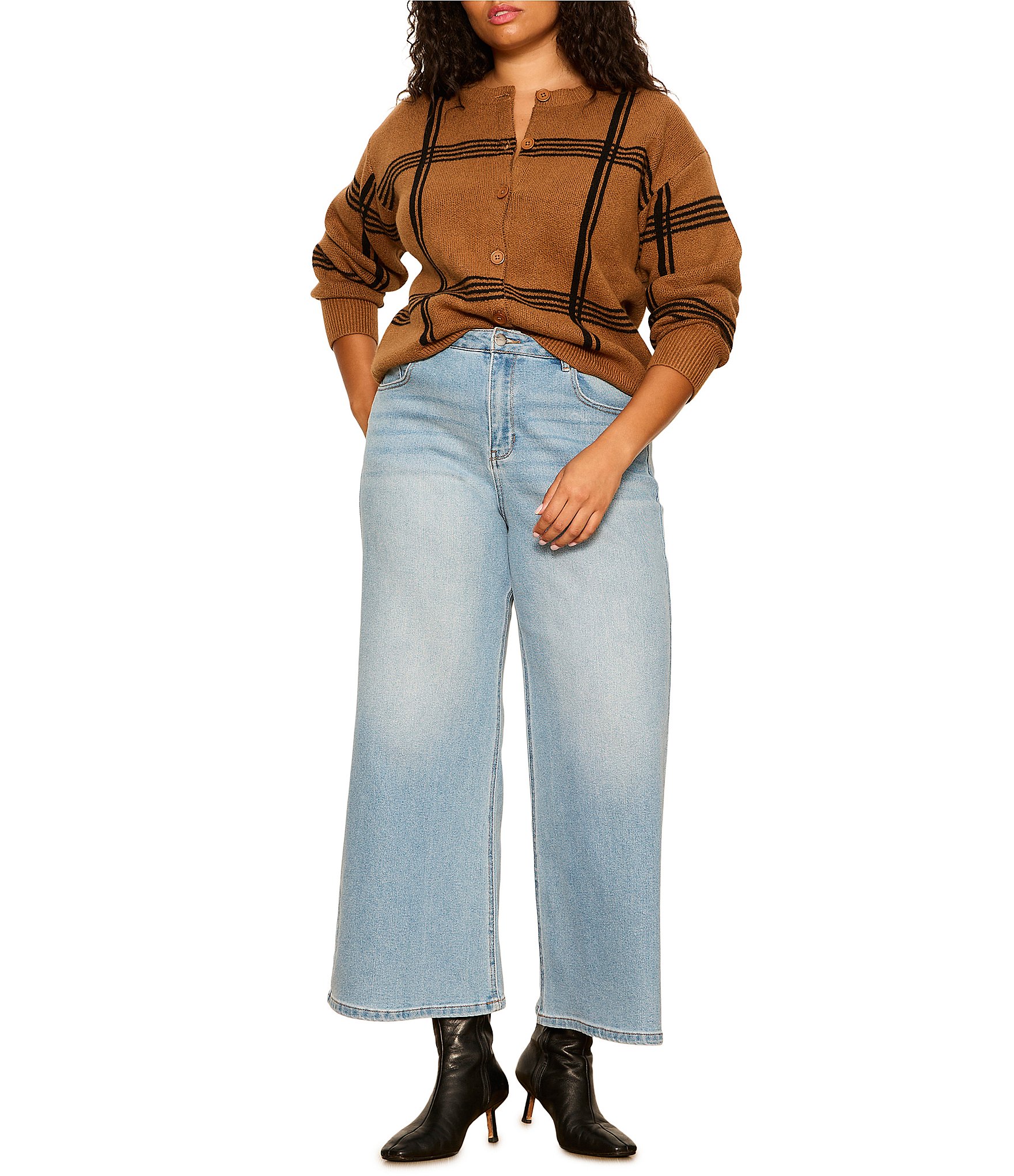 Sanctuary Plus Size Must-Have Plaid Printed Round Neck Long Sleeve Button Front Cardigan