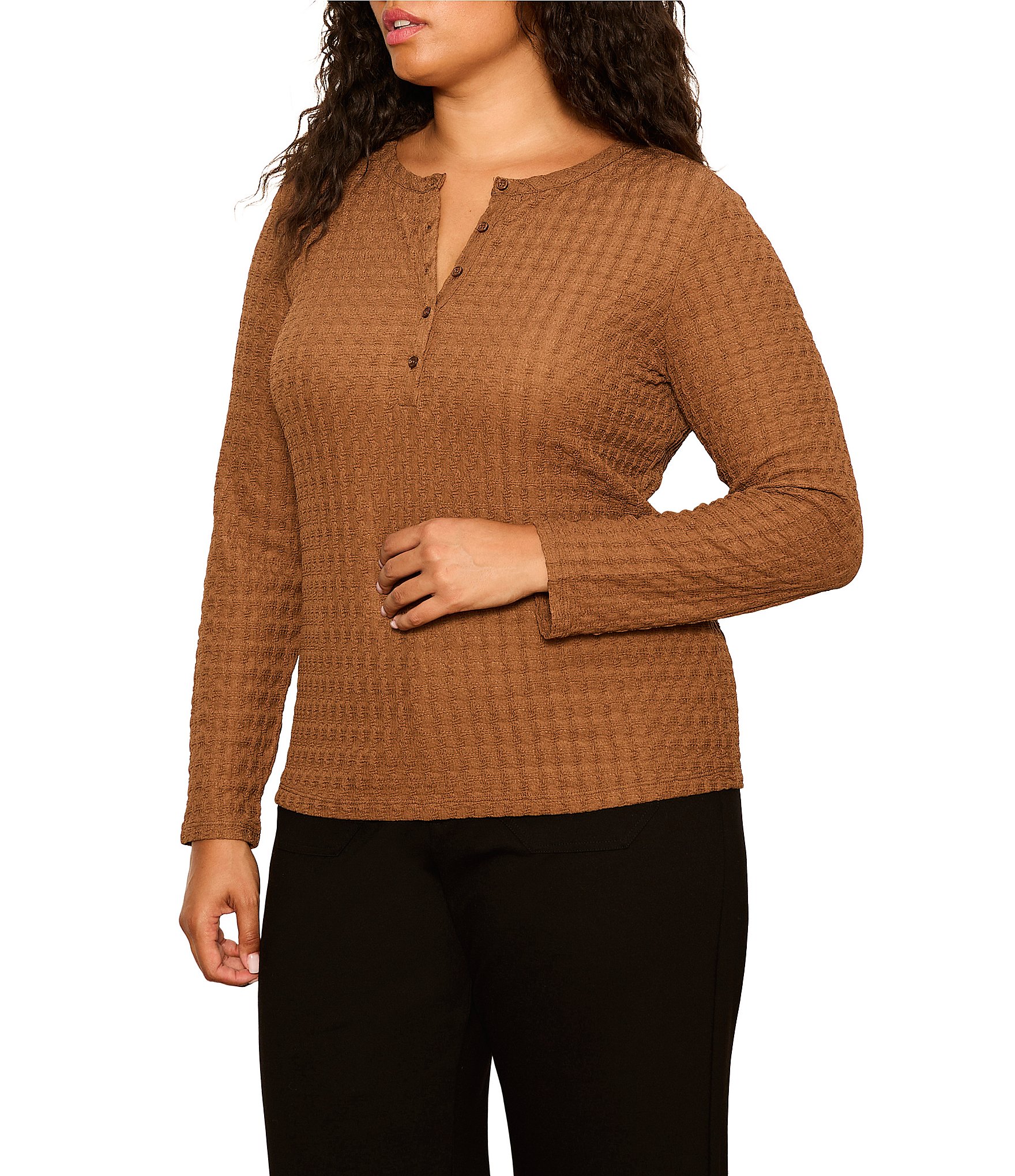 Sanctuary Plus Size Not So Basic Textured Henley Neck Long Sleeve Knit Top
