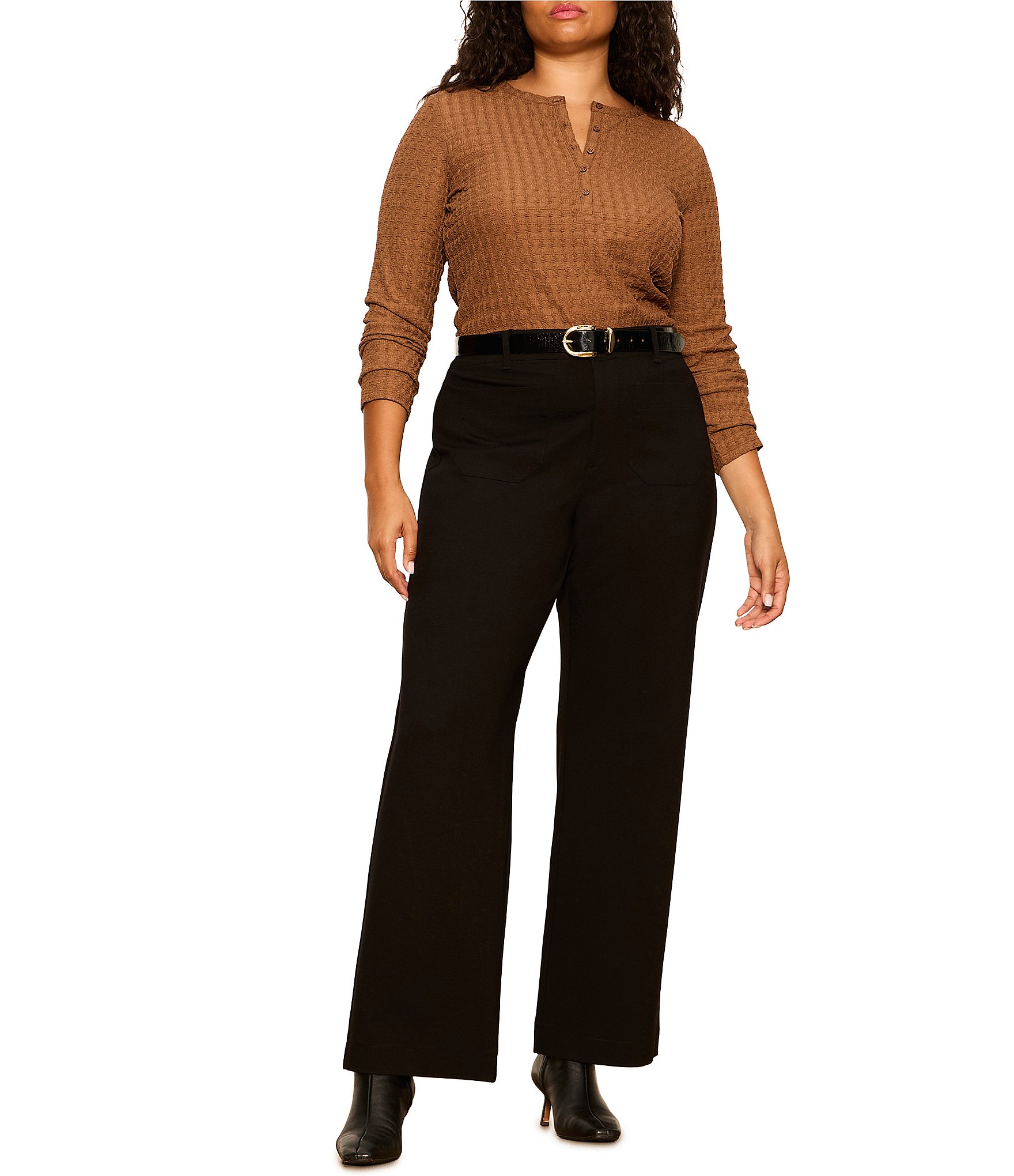 Sanctuary Plus Size Not So Basic Textured Henley Neck Long Sleeve Knit Top